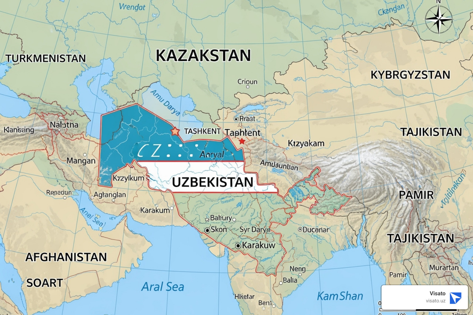 Map of Uzbekistan highlighting its location in Central Asia - uzbekistan e-visa for us citizens Map of Uzbekistan highlighting its location in Central Asia - uzbekistan e-visa for us citizens
