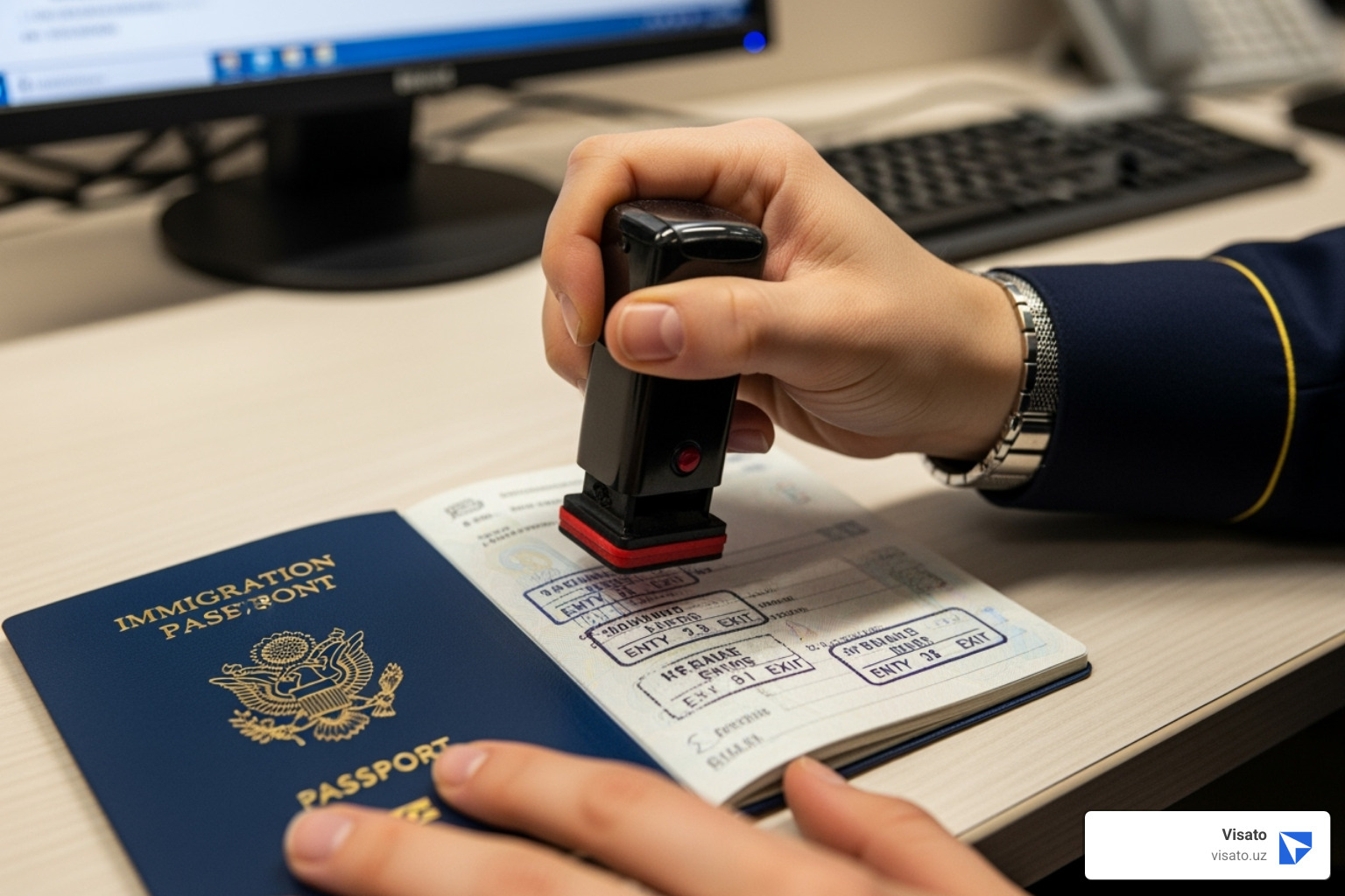 Passport being stamped at Uzbekistan immigration - Visit Uzbekistan visa Passport being stamped at Uzbekistan immigration - Visit Uzbekistan visa