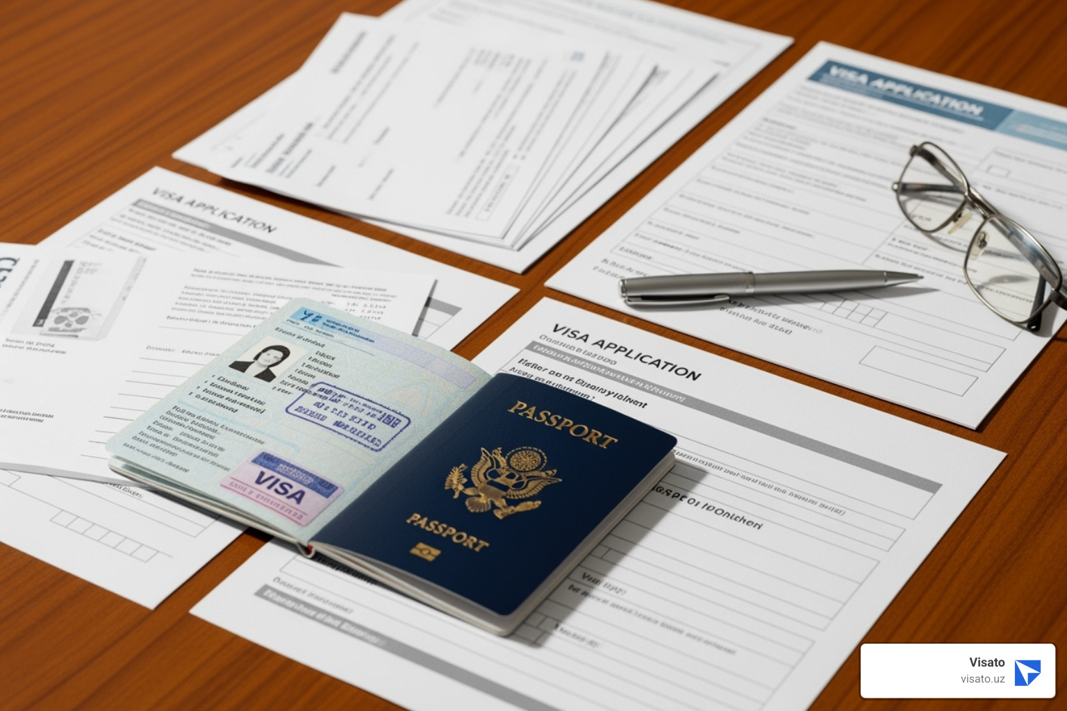 Image of the required documents laid out on a desk - uzbekistan business visa Image of the required documents laid out on a desk - uzbekistan business visa
