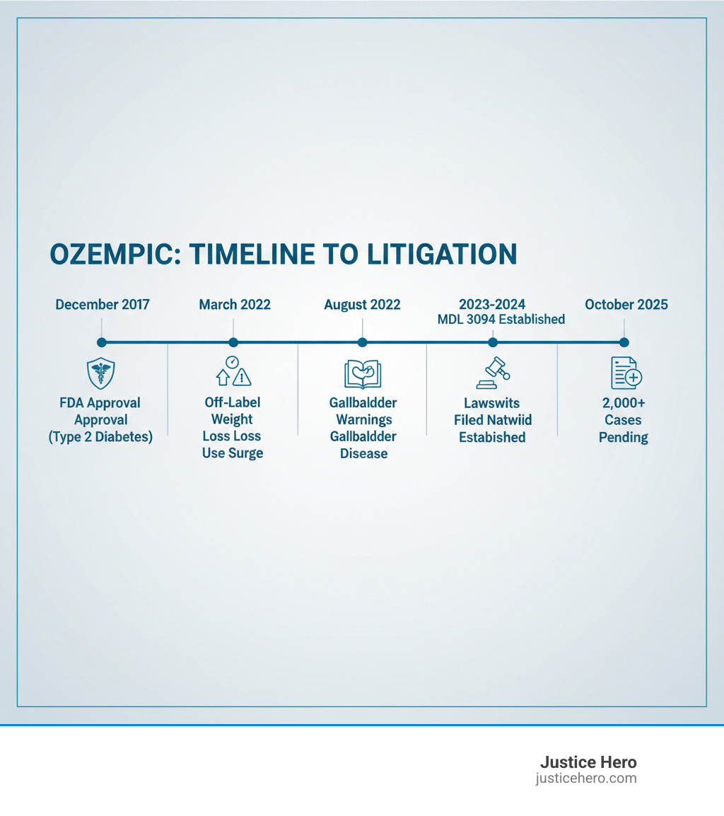 Infographic showing Ozempic timeline from FDA approval to lawsuit filings - Ozempic gallbladder lawsuit infographic 