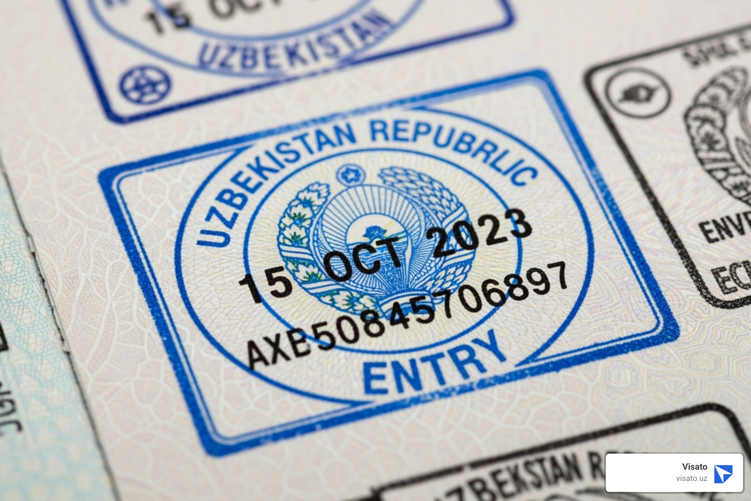 An Uzbekistan entry stamp in a passport, showing the date and official markings. - uzbekistan e-visa requirements An Uzbekistan entry stamp in a passport, showing the date and official markings. - uzbekistan e-visa requirements