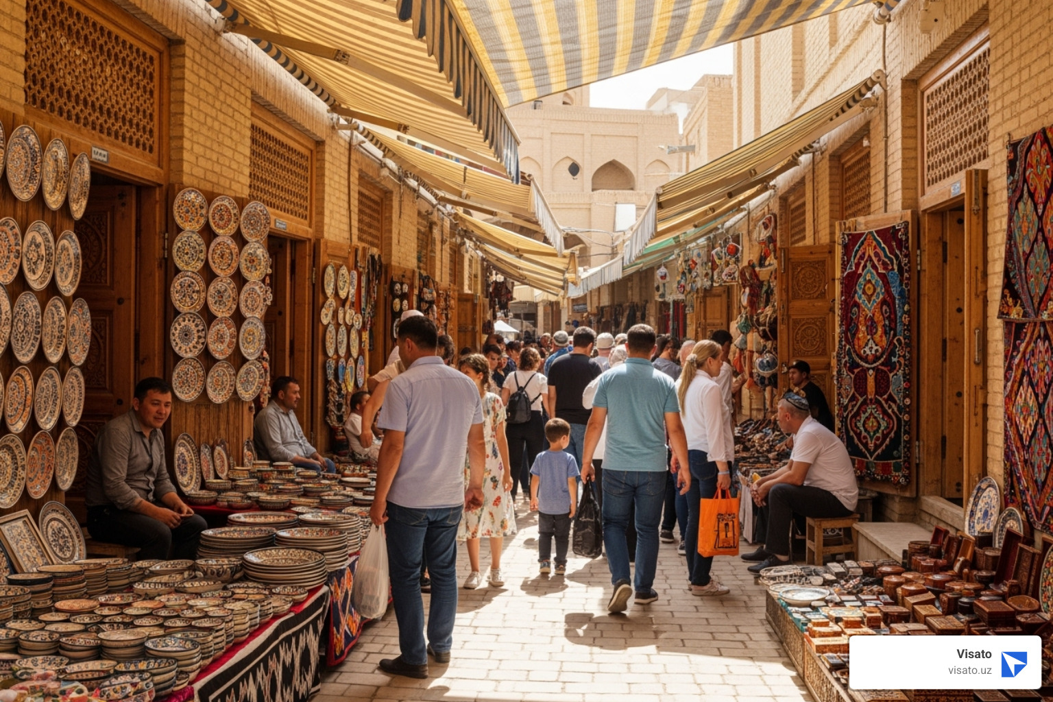 a busy alleyway in Khiva with local craft stalls - Khiva tourist attractions a busy alleyway in Khiva with local craft stalls - Khiva tourist attractions