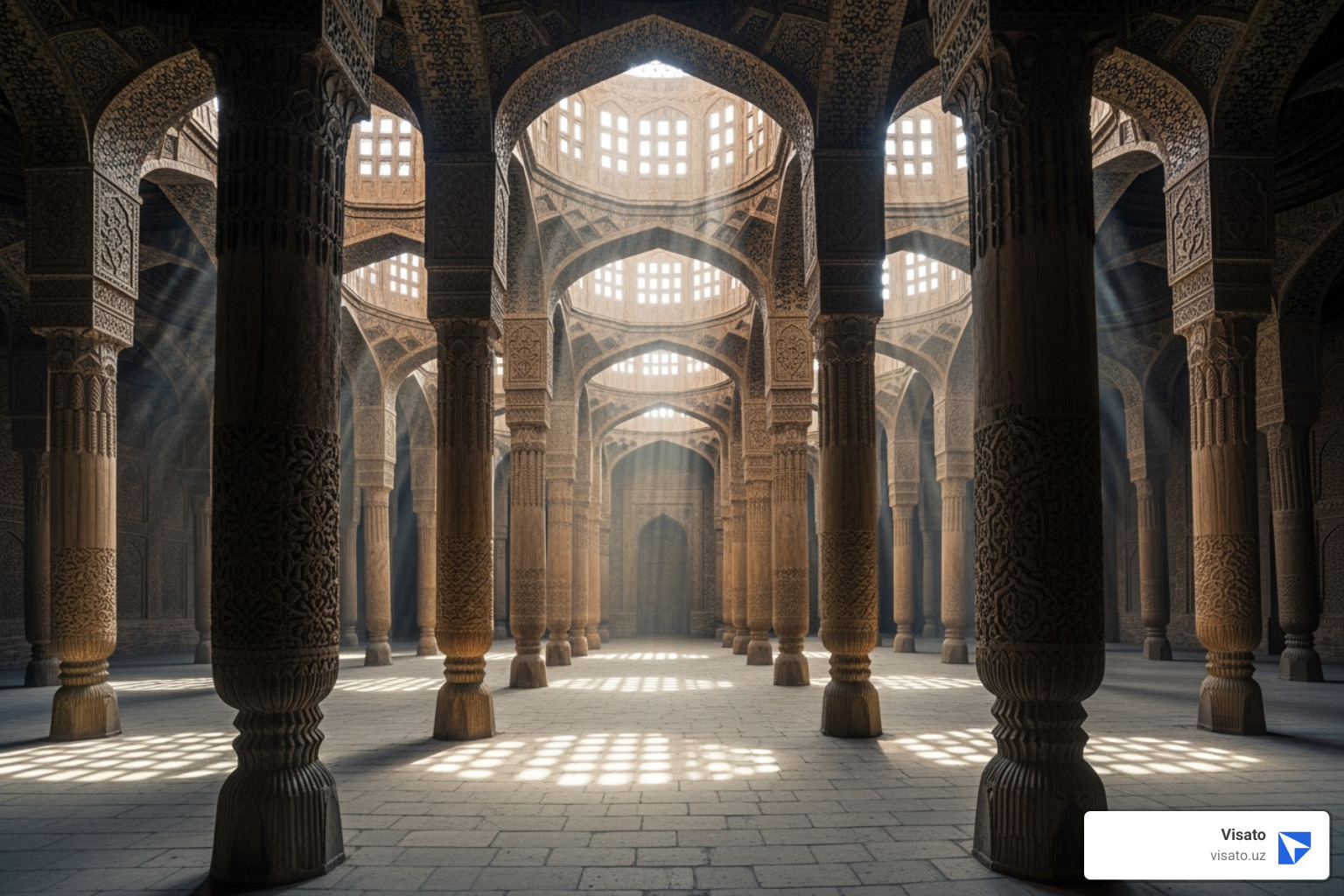 the interior of Juma Mosque with its many wooden pillars - Khiva tourist attractions the interior of Juma Mosque with its many wooden pillars - Khiva tourist attractions