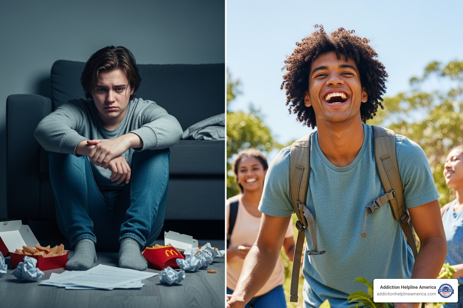 split screen of a person struggling with addiction vs. thriving in recovery - Cost of Rehab split screen of a person struggling with addiction vs. thriving in recovery - Cost of Rehab