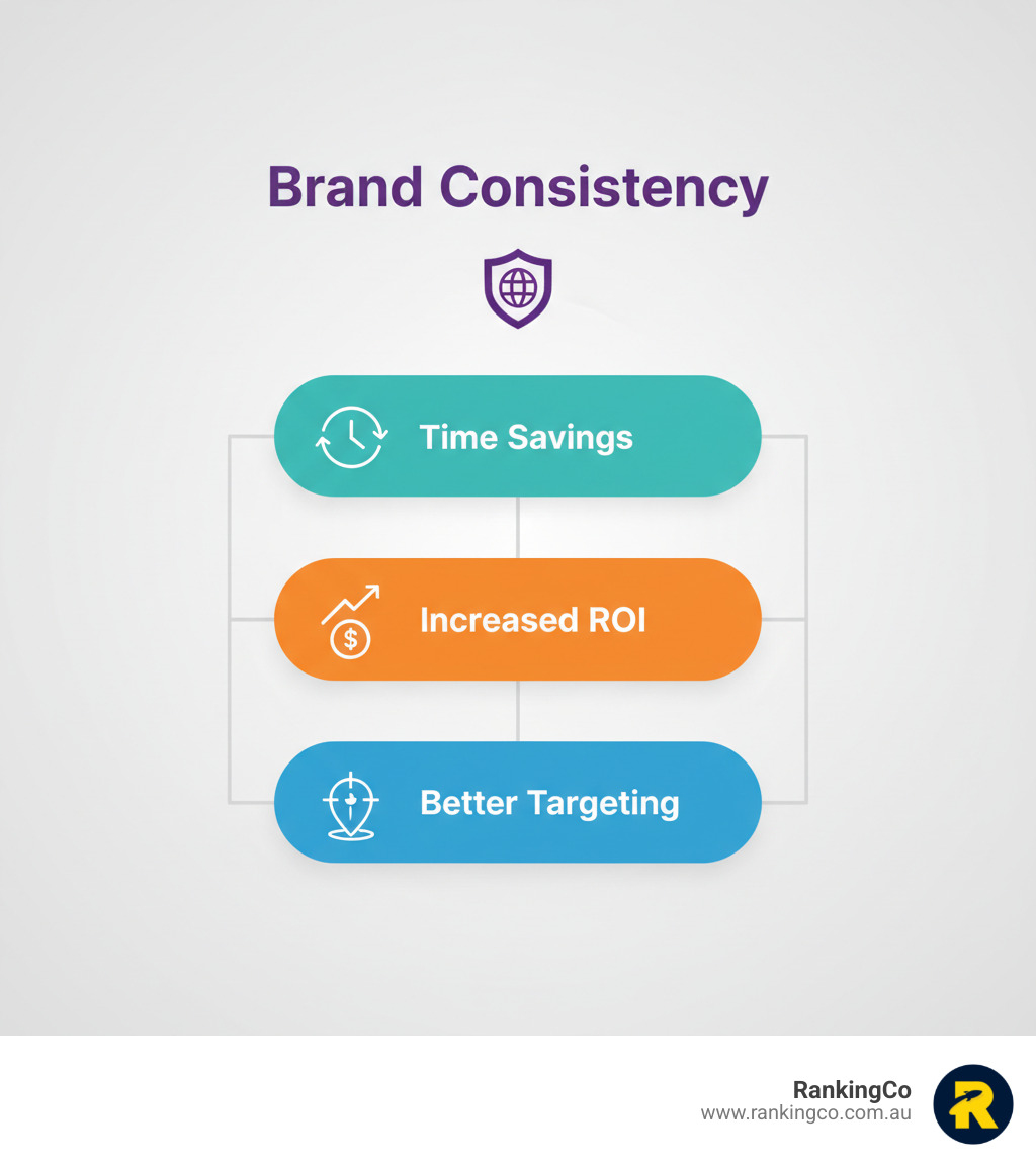 infographic showing core benefits of local marketing automation: Brand Consistency at the top, followed by Time Savings, Increased ROI, and Better Targeting, with icons representing each benefit - Local marketing automation infographic 