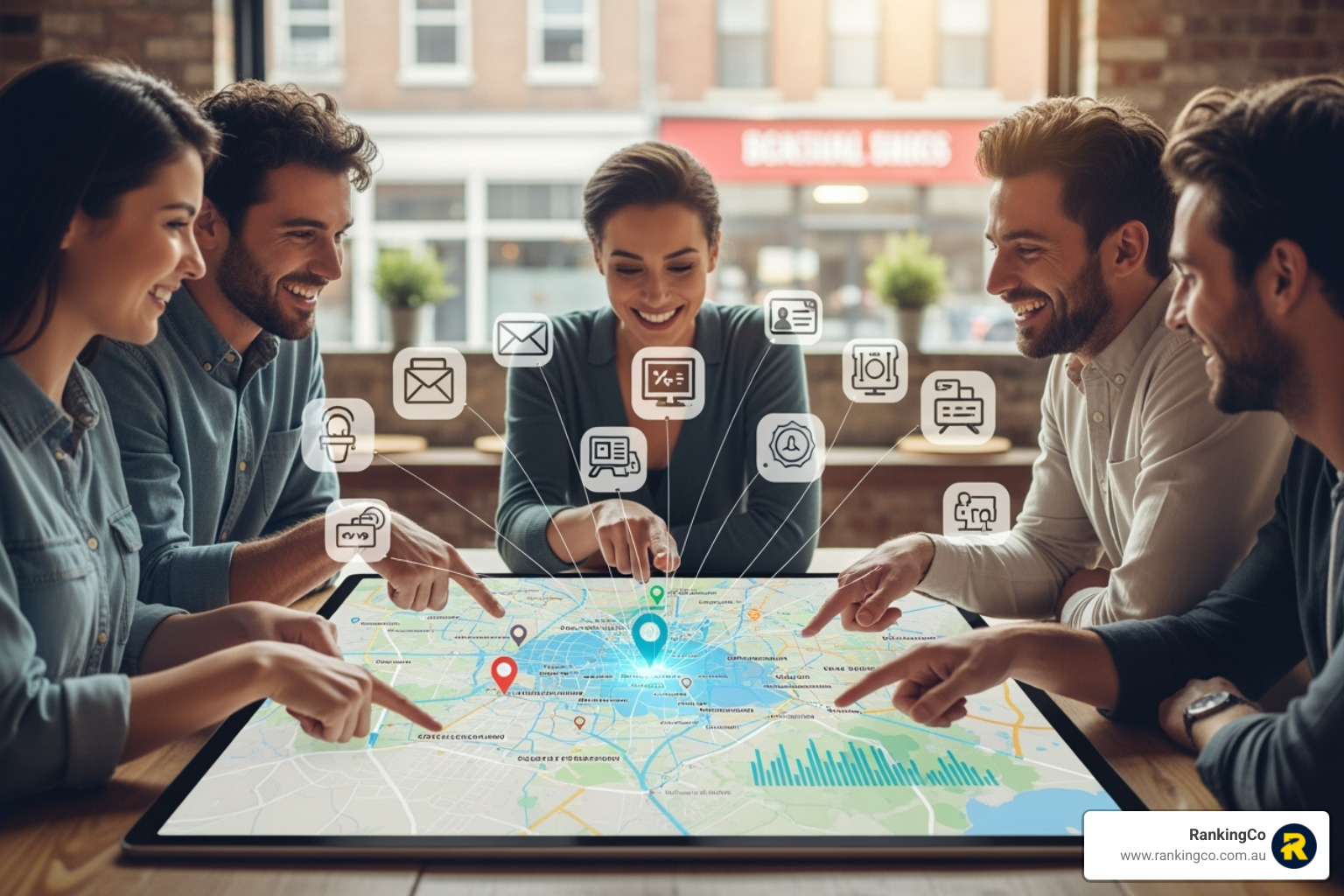 map with geo-targeting pins and personalised message bubbles - Local marketing automation
