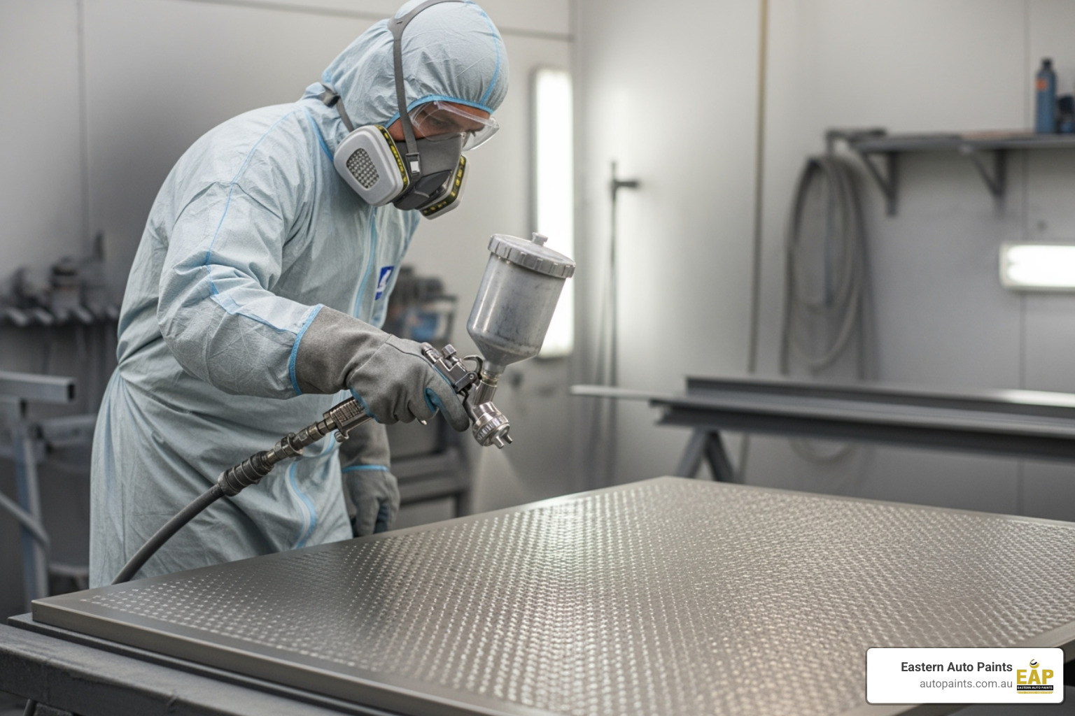 Professional in PPE using a spray gun to apply hammertone paint to a metal panel - hammertone paint colours