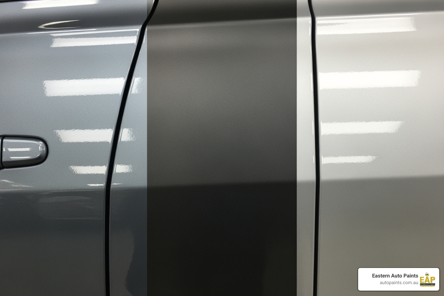 A side-by-side comparison of gloss, matte, and satin finishes on a car panel - Automotive clear coat