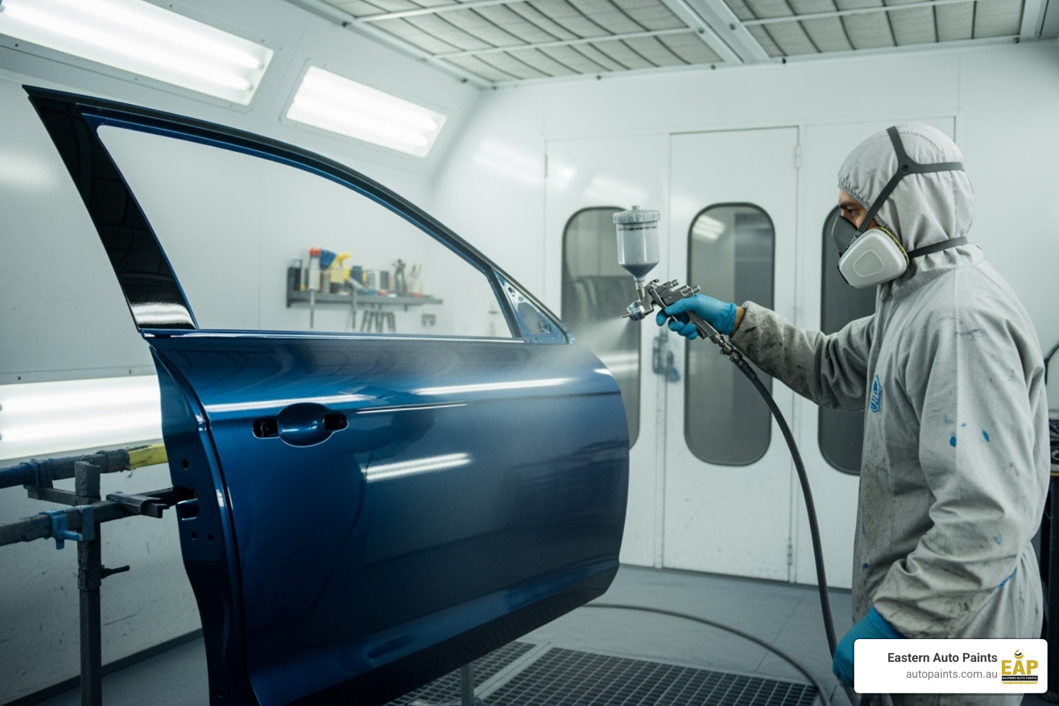 Technician in a spray booth applying the final, protective layer of automotive clear coat to a dark blue car door panel.