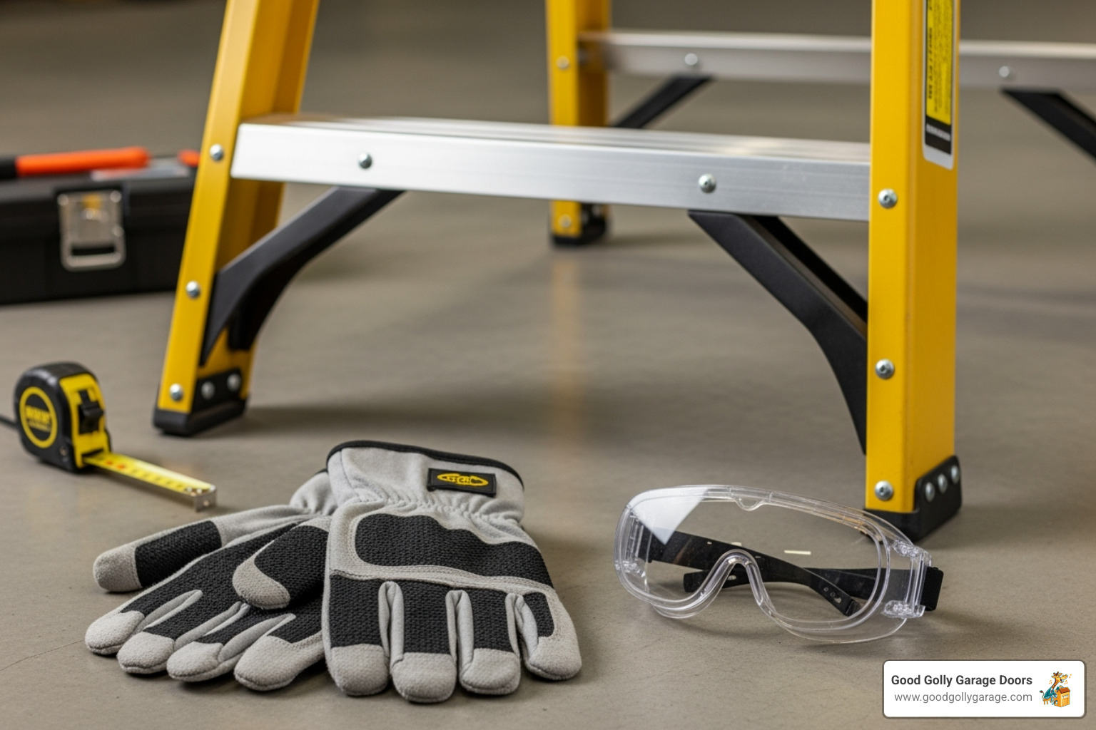 safety gear including goggles, gloves, and a sturdy ladder - garage door adjustment austin
