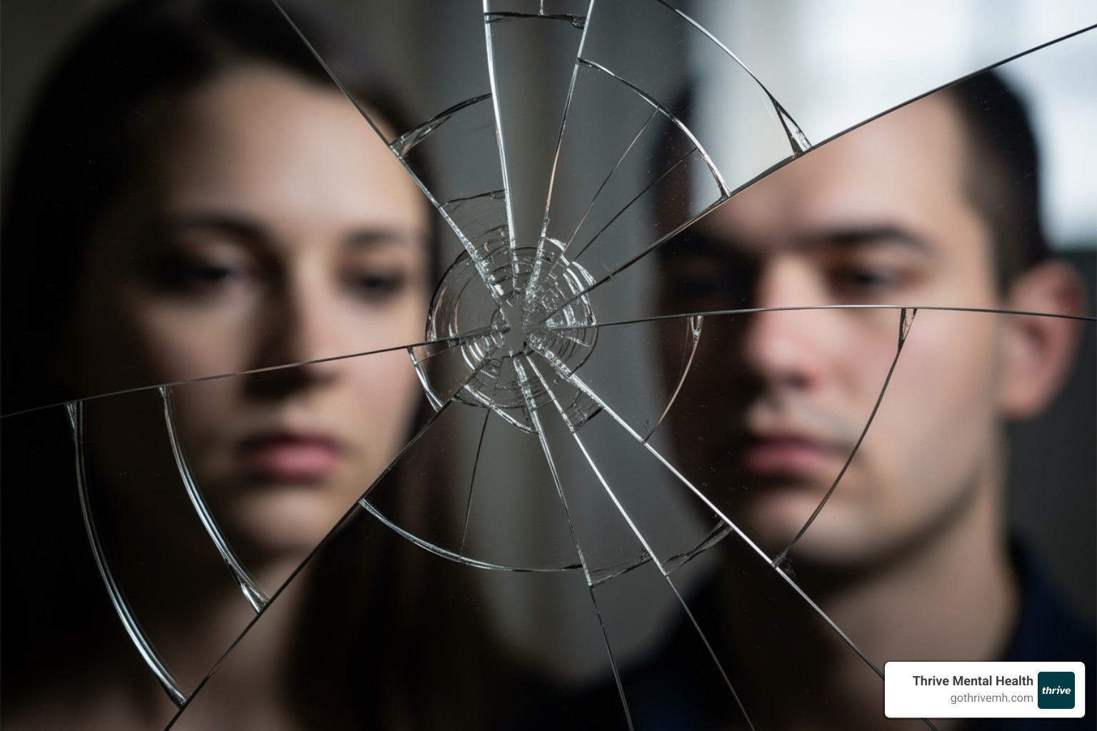 A cracked mirror reflecting two distorted faces, symbolizing a fractured relationship and the emotional toll of the BPD-FP dynamic - What It Means to Have a BPD Favorite Person