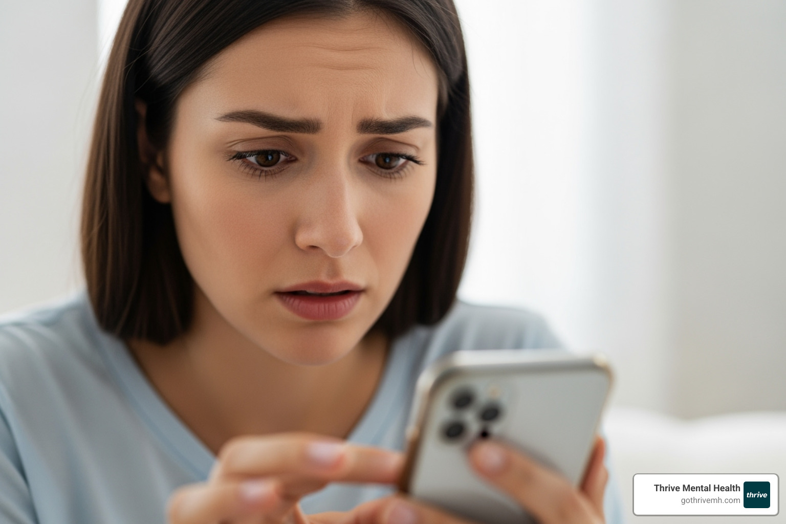 A person looking at their phone with an expression of intense anxiety, symbolizing the emotional rollercoaster and constant communication often present in BPD-FP dynamics - What It Means to Have a BPD Favorite Person
