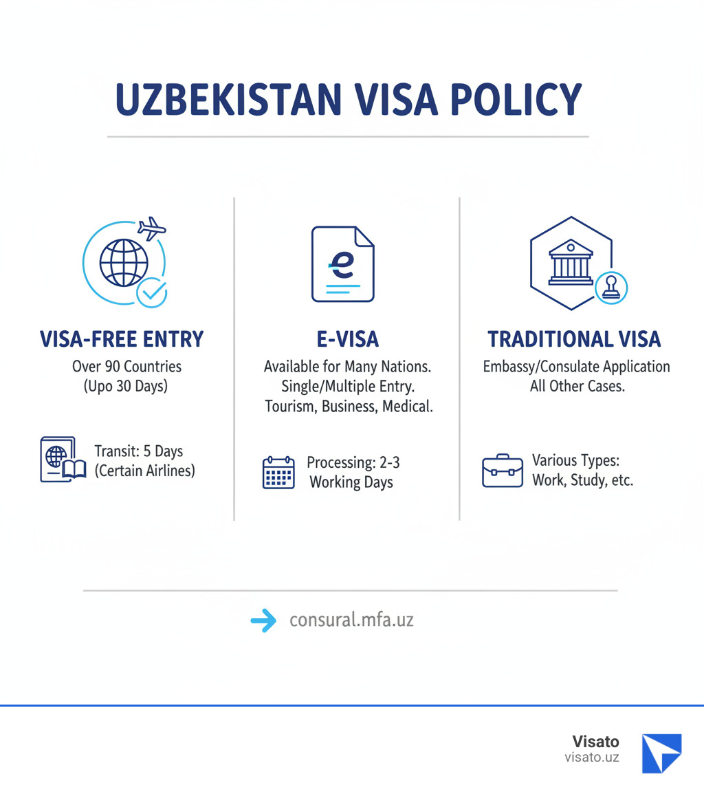 infographic showing three entry pathways to uzbekistan visa-free entry for 90+ countries with 30-day stays, e-visa online application for tourism and business with 2-3 day processing at $20 USD, and embassy visa for students investors and long-term visitors - uzbekistan visa policy infographic  infographic showing three entry pathways to uzbekistan visa-free entry for 90+ countries with 30-day stays, e-visa online application for tourism and business with 2-3 day processing at $20 USD, and embassy visa for students investors and long-term visitors - uzbekistan visa policy infographic
