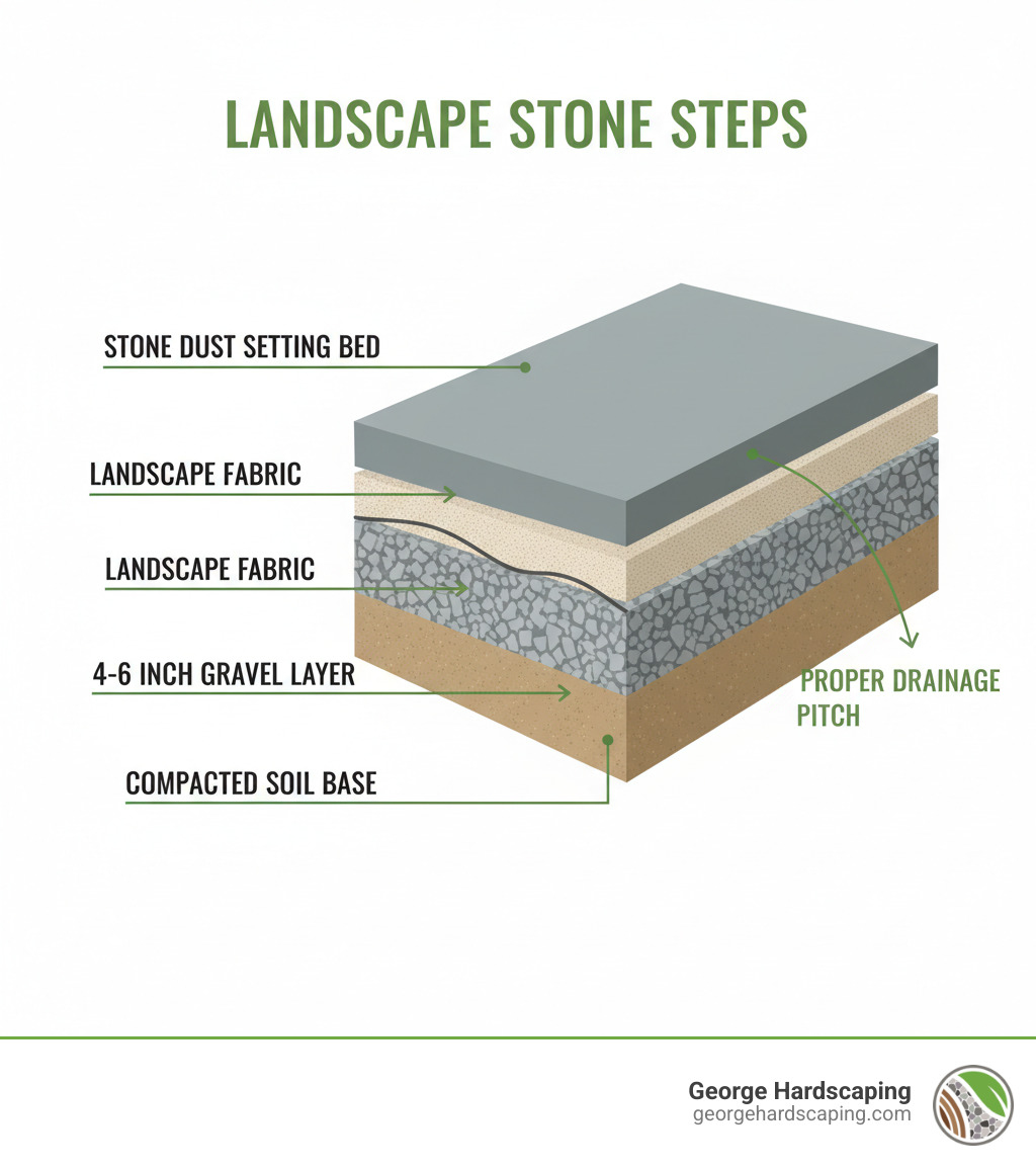 Infographic showing cross-section of properly installed landscape stone steps with labeled layers including compacted soil base, 4-6 inch gravel layer, landscape fabric, stone dust setting bed, and natural stone step with proper drainage pitch - Landscape stone steps infographic 
