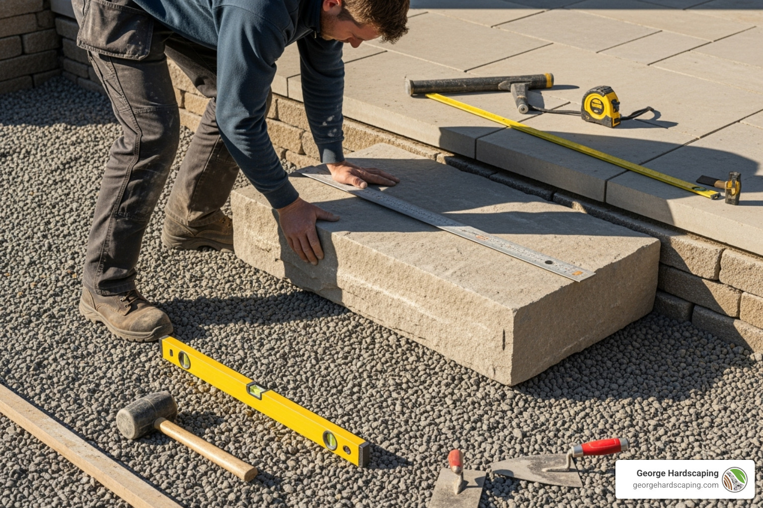 Professional mason setting a large stone step on a prepared gravel base, with levels and tools visible - Landscape stone steps