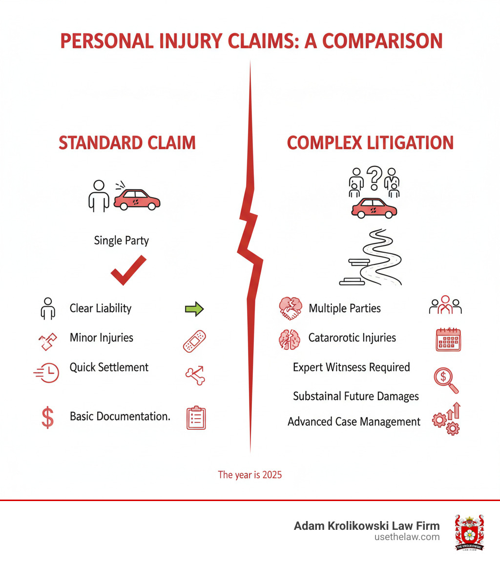 Infographic comparing standard personal injury claims (single party, clear liability, minor injuries, quick settlement, basic documentation) versus complex injury litigation (multiple parties, disputed fault, catastrophic injuries, extended timeline, expert witnesses required, substantial future damages calculations, advanced case management) - complex injury litigation infographic Infographic comparing standard personal injury claims (single party, clear liability, minor injuries, quick settlement, basic documentation) versus complex injury litigation (multiple parties, disputed fault, catastrophic injuries, extended timeline, expert witnesses required, substantial future damages calculations, advanced case management) - complex injury litigation infographic