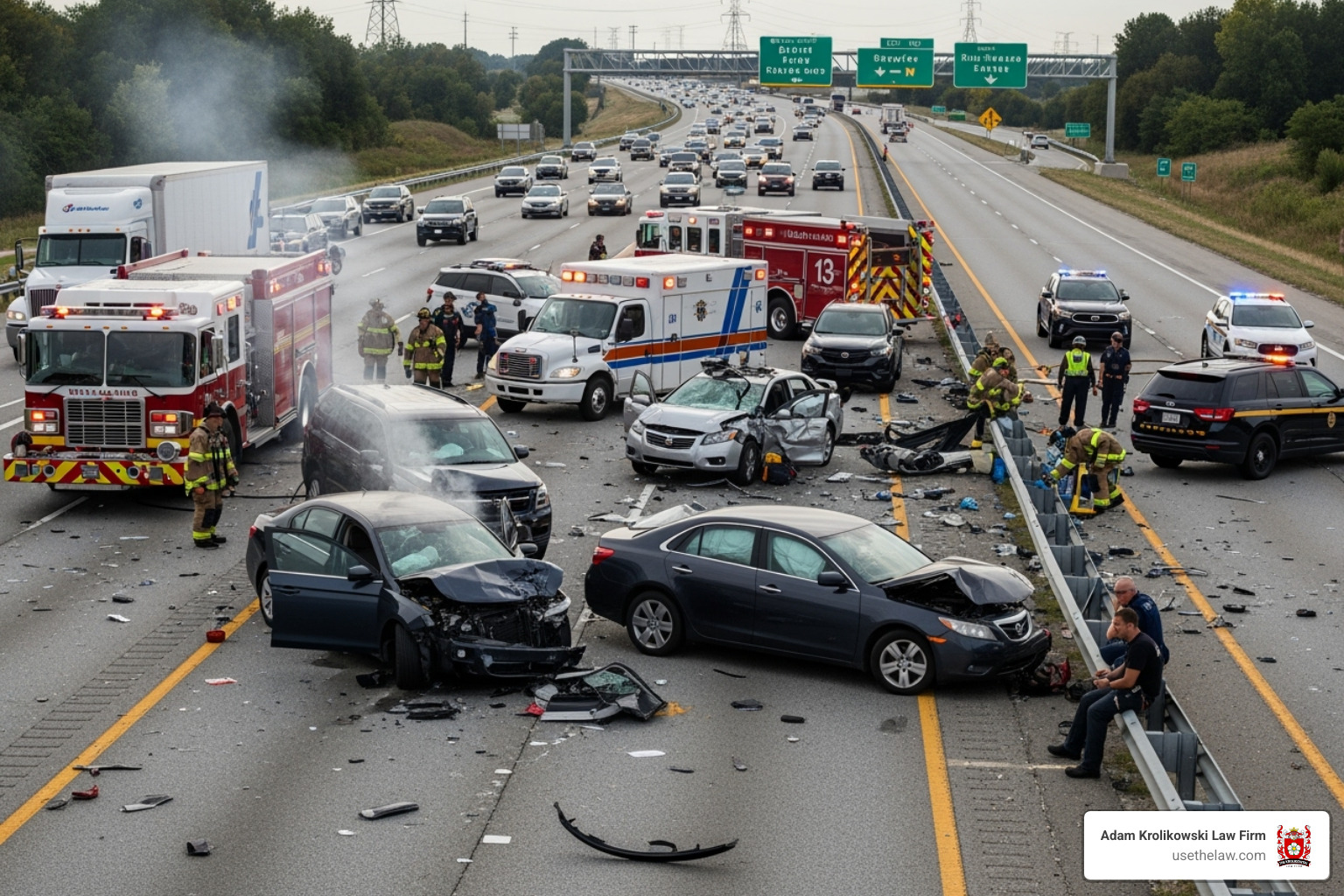 Image of a multi-car pile-up on a highway to illustrate a complex accident scenario - complex injury litigation Image of a multi-car pile-up on a highway to illustrate a complex accident scenario - complex injury litigation