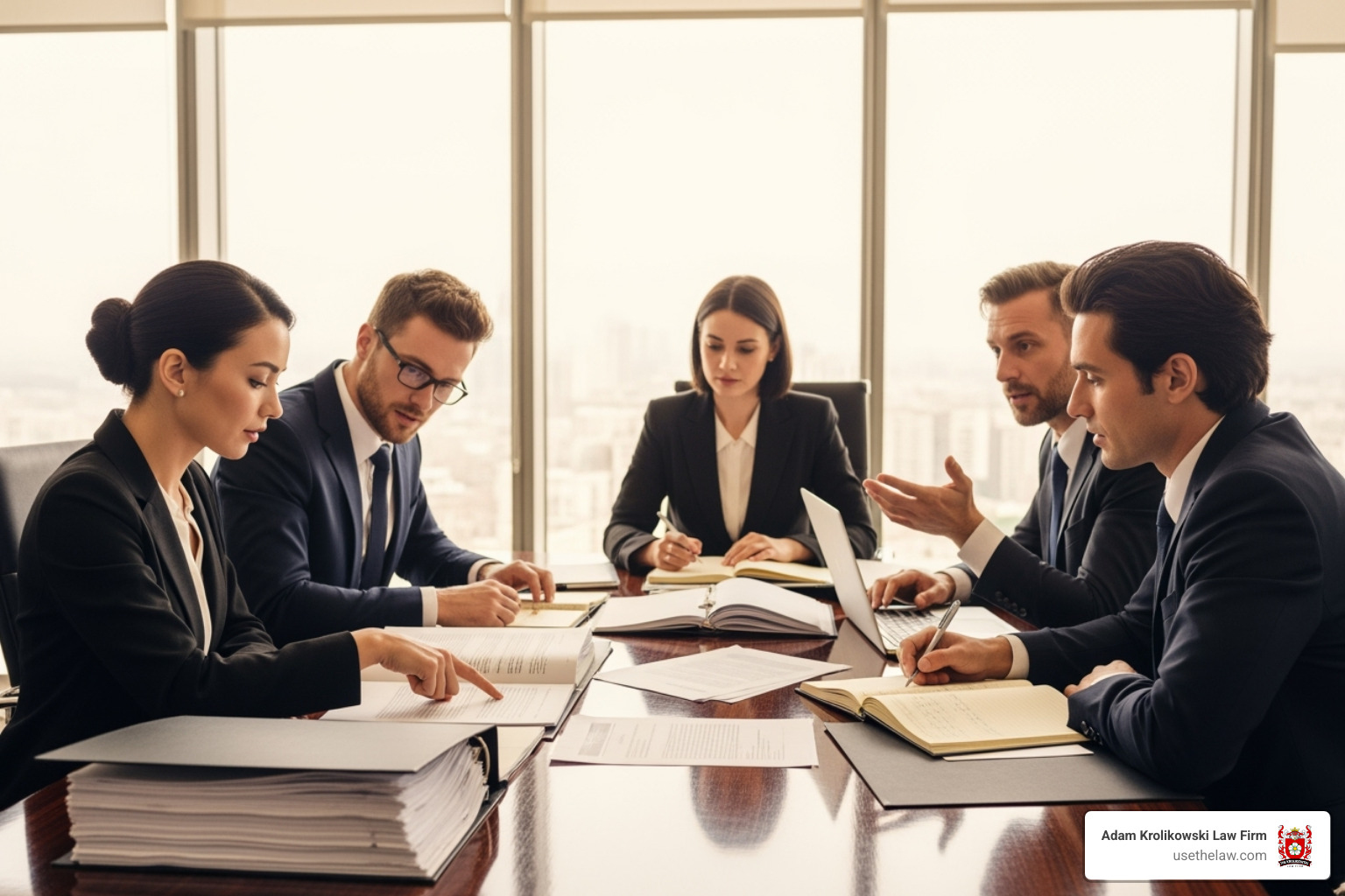 Image of a legal team collaborating, reviewing documents, and strategizing - complex injury litigation Image of a legal team collaborating, reviewing documents, and strategizing - complex injury litigation