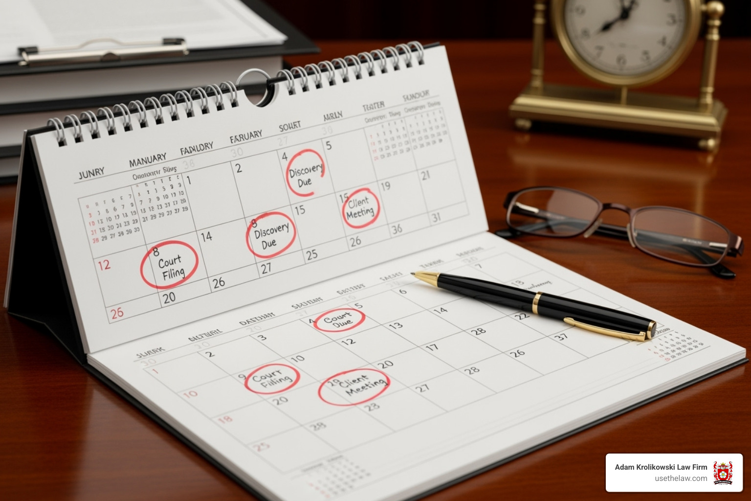Image of a calendar with key legal deadlines circled - complex injury litigation Image of a calendar with key legal deadlines circled - complex injury litigation