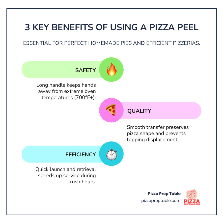 infographic showing three key benefits of pizza peels: 1. Safety - long handle keeps hands away from 700°F+ ovens, 2. Quality - smooth transfer preserves pizza shape and topping placement, 3. Efficiency - quick launch and retrieval speeds up service during rush hours - pizza peel use infographic infographic-line-3-steps-colors