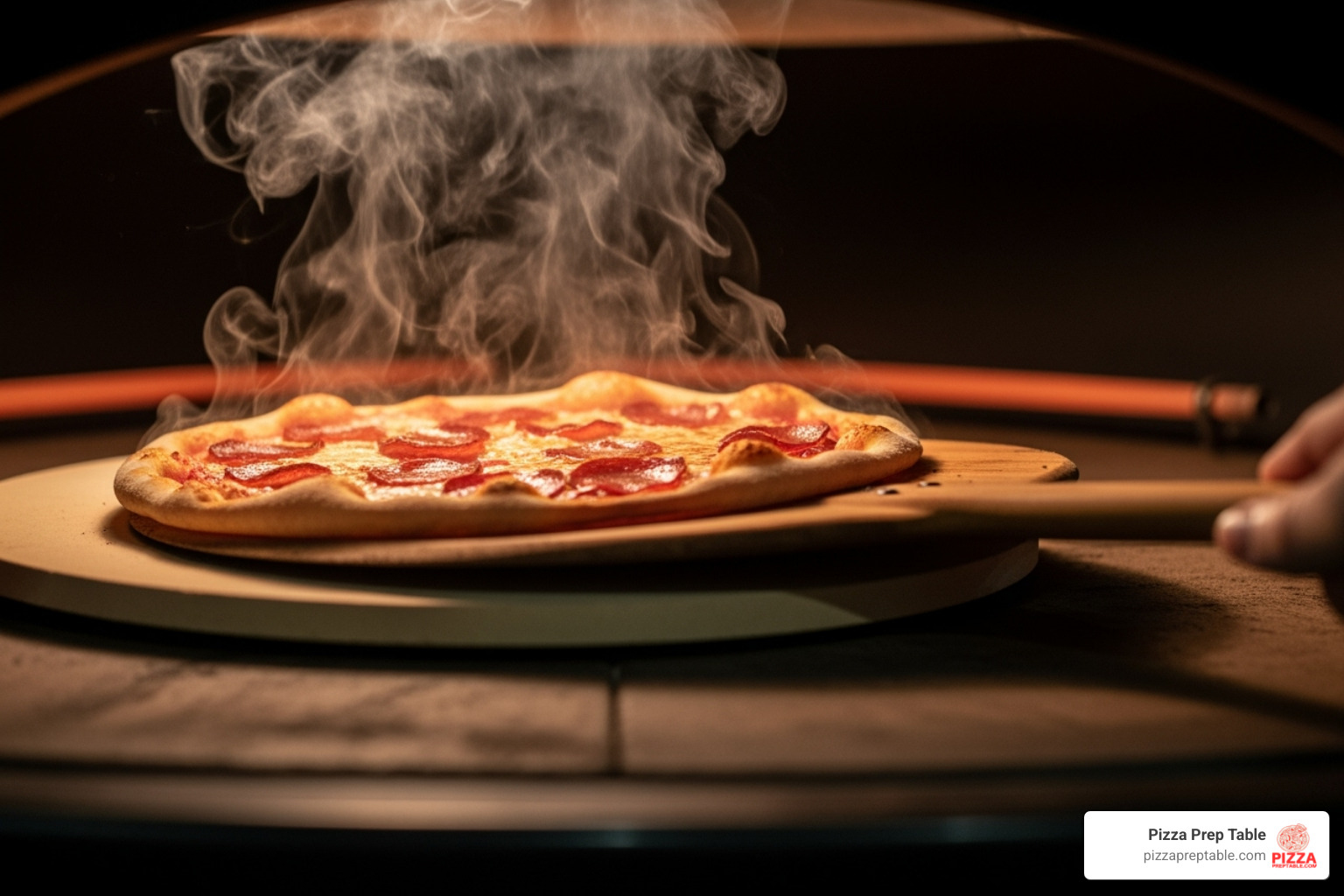image showing the final moment of a pizza sliding from the peel onto a pizza stone in an oven - pizza peel use