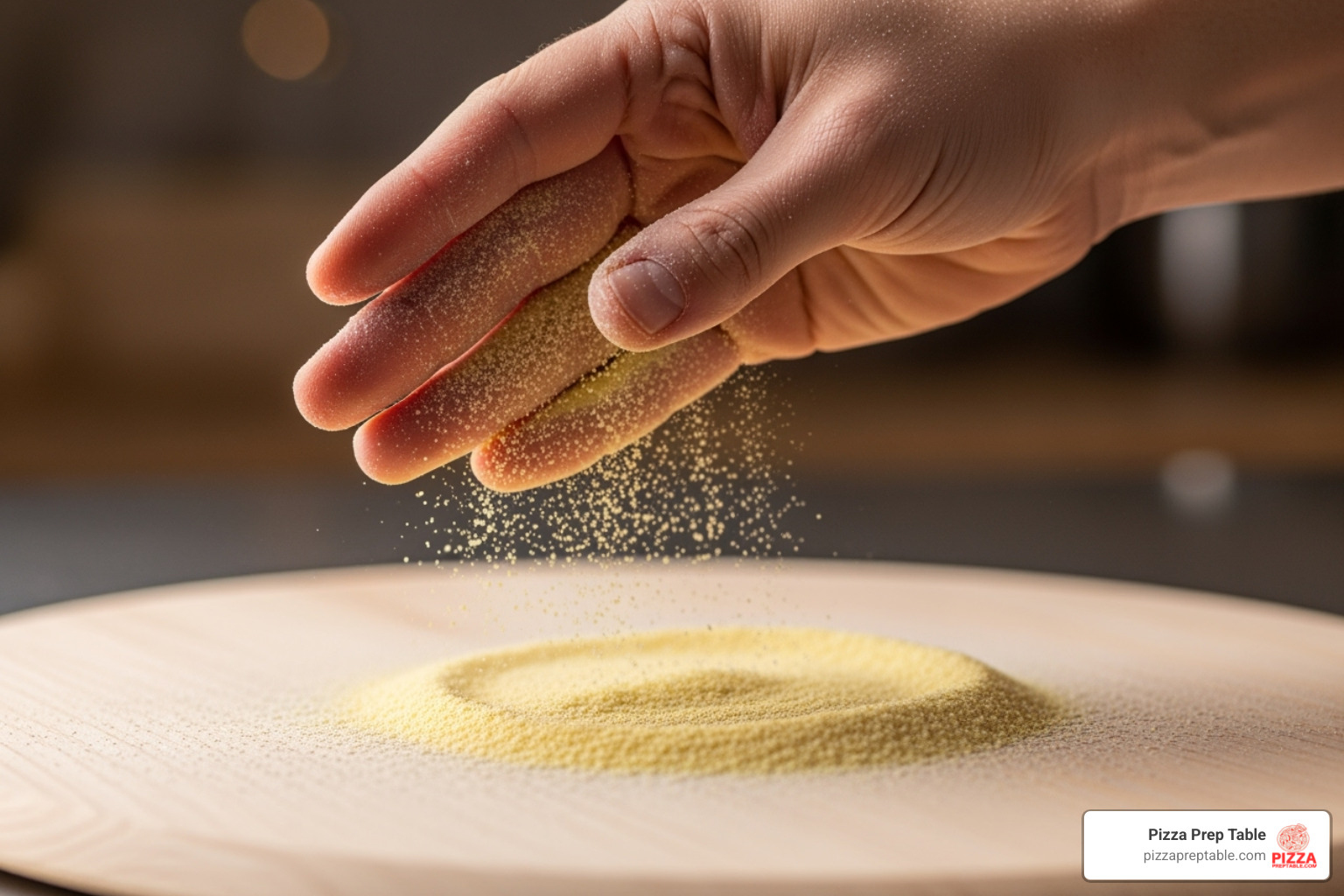 image of a hand sprinkling semolina flour evenly over a wooden pizza peel - pizza peel use
