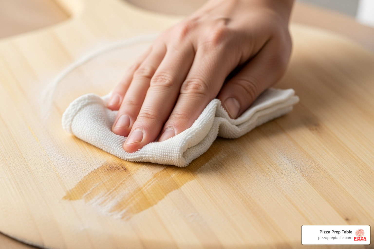 image of a wooden peel being wiped clean with a damp cloth - pizza peel use