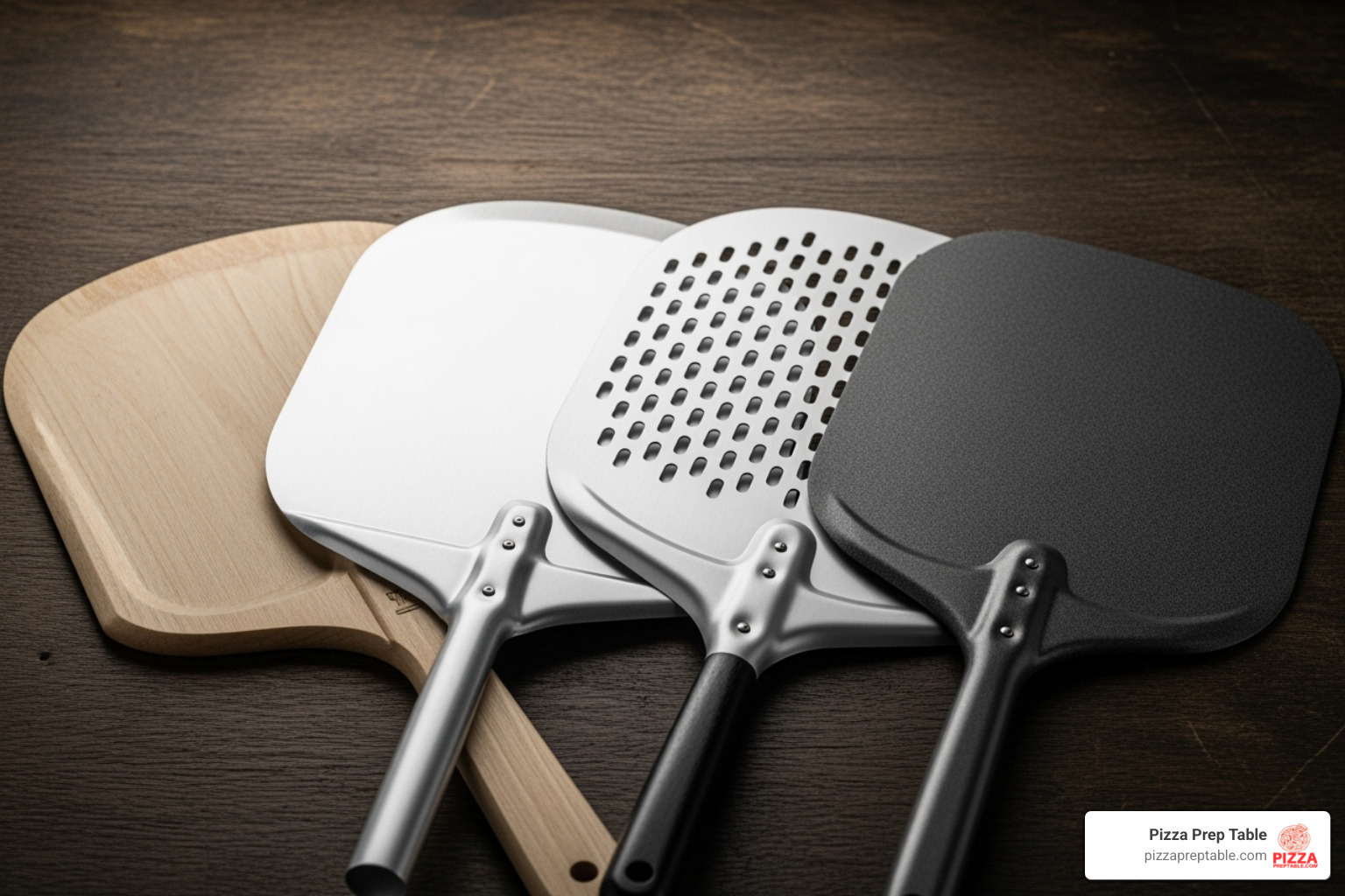 image of wood, metal, perforated, and composite pizza peels side-by-side - pizza peel use