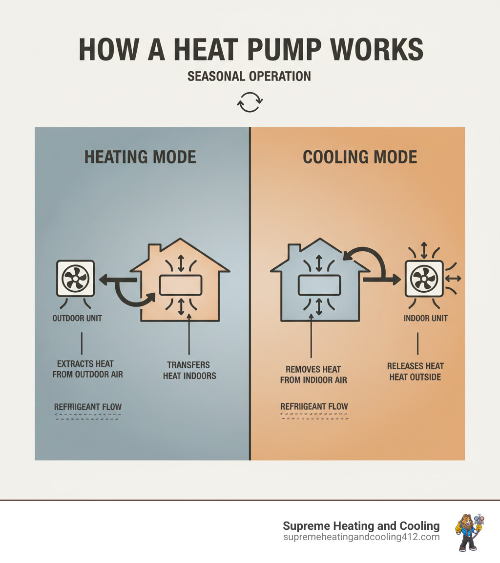 Infographic showing how a heat pump works: in heating mode, it extracts heat from outdoor air and transfers it indoors; in cooling mode, it removes heat from indoor air and releases it outside; includes labels for outdoor unit, indoor unit, refrigerant flow direction, and seasonal operation modes - certified heat pump technician in greensburg, pa infographic  Infographic showing how a heat pump works: in heating mode, it extracts heat from outdoor air and transfers it indoors; in cooling mode, it removes heat from indoor air and releases it outside; includes labels for outdoor unit, indoor unit, refrigerant flow direction, and seasonal operation modes - certified heat pump technician in greensburg, pa infographic