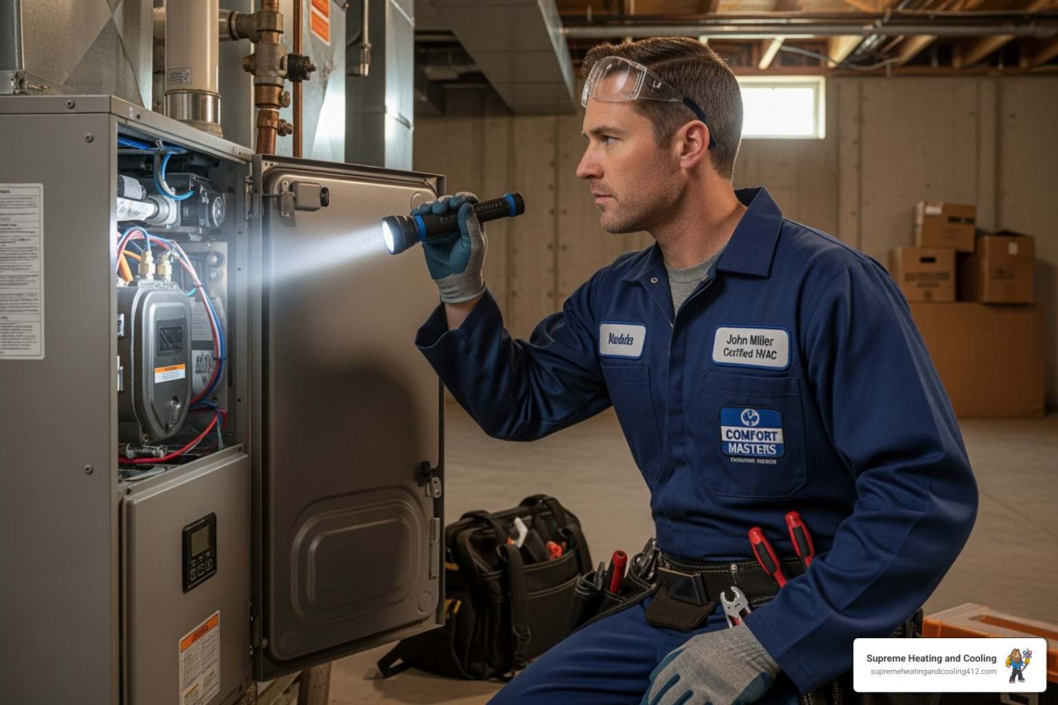 technician inspecting a furnace - certified heating technician in monroeville, pa