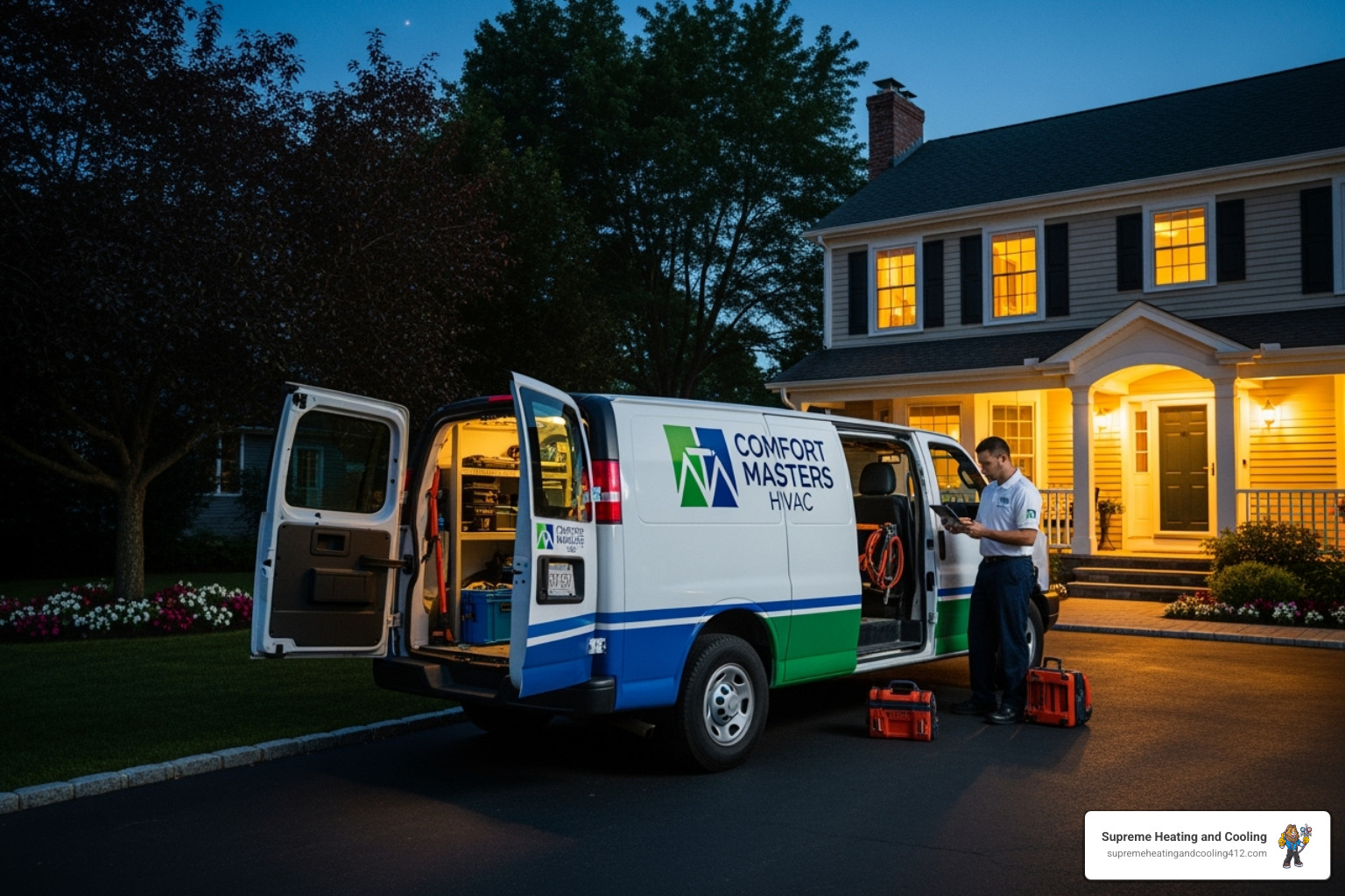 A professional HVAC technician's van arriving at a home at night, with the house lit up warmly. - 24 hour heating service in pittsburgh, pa