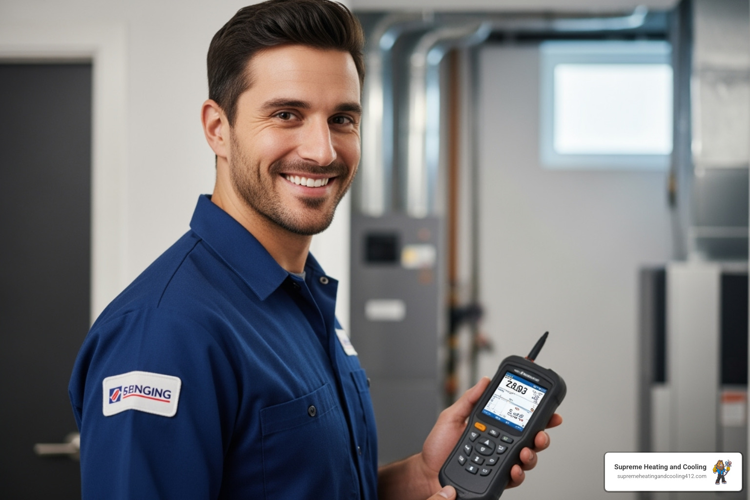 A friendly, certified heat pump technician smiling while holding a diagnostic tool, emphasizing professionalism and approachability - certified heat pump technician in greensburg, pa A friendly, certified heat pump technician smiling while holding a diagnostic tool, emphasizing professionalism and approachability - certified heat pump technician in greensburg, pa