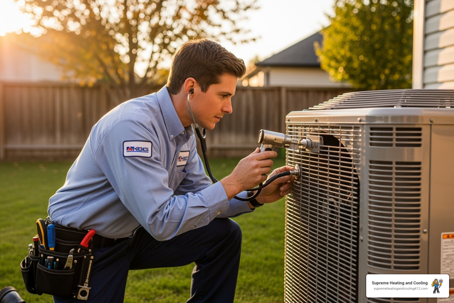 A technician carefully listening to an outdoor heat pump unit, diagnosing potential issues with precision - certified heat pump technician in greensburg, pa A technician carefully listening to an outdoor heat pump unit, diagnosing potential issues with precision - certified heat pump technician in greensburg, pa