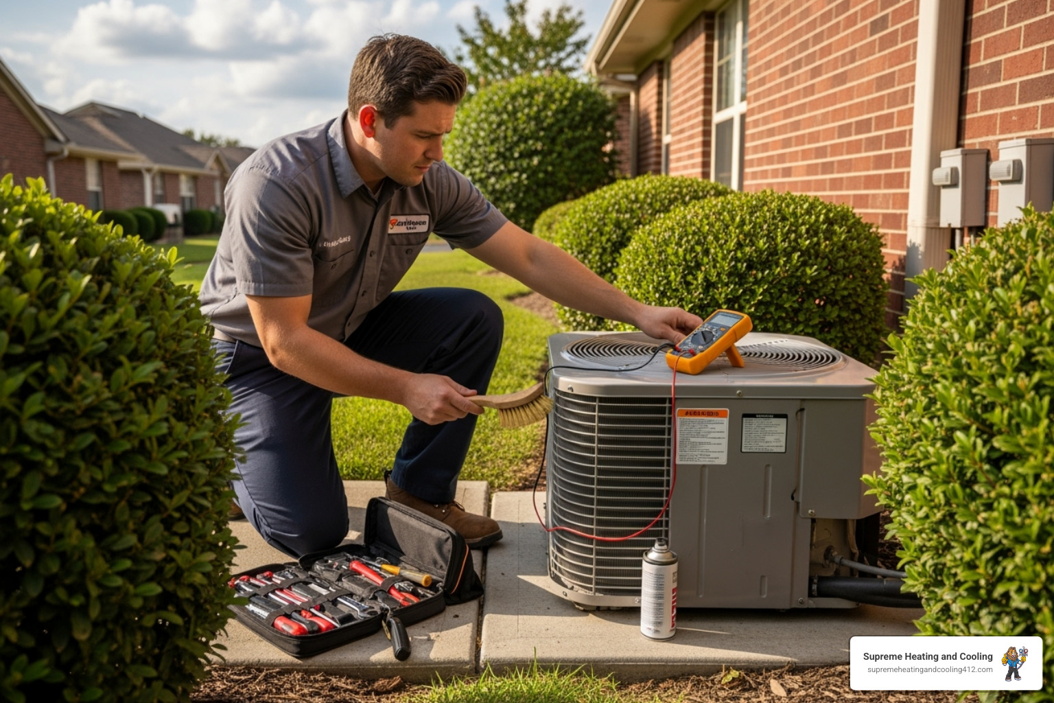 A technician performing a detailed maintenance check on a heat pump's outdoor unit, ensuring all components are clean and functioning optimally - certified heat pump technician in greensburg, pa A technician performing a detailed maintenance check on a heat pump's outdoor unit, ensuring all components are clean and functioning optimally - certified heat pump technician in greensburg, pa