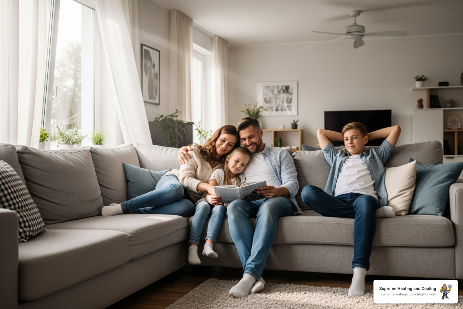 A family comfortably relaxing in their living room, enjoying perfectly balanced indoor temperatures thanks to an efficient HVAC system - certified heat pump technician in greensburg, pa A family comfortably relaxing in their living room, enjoying perfectly balanced indoor temperatures thanks to an efficient HVAC system - certified heat pump technician in greensburg, pa