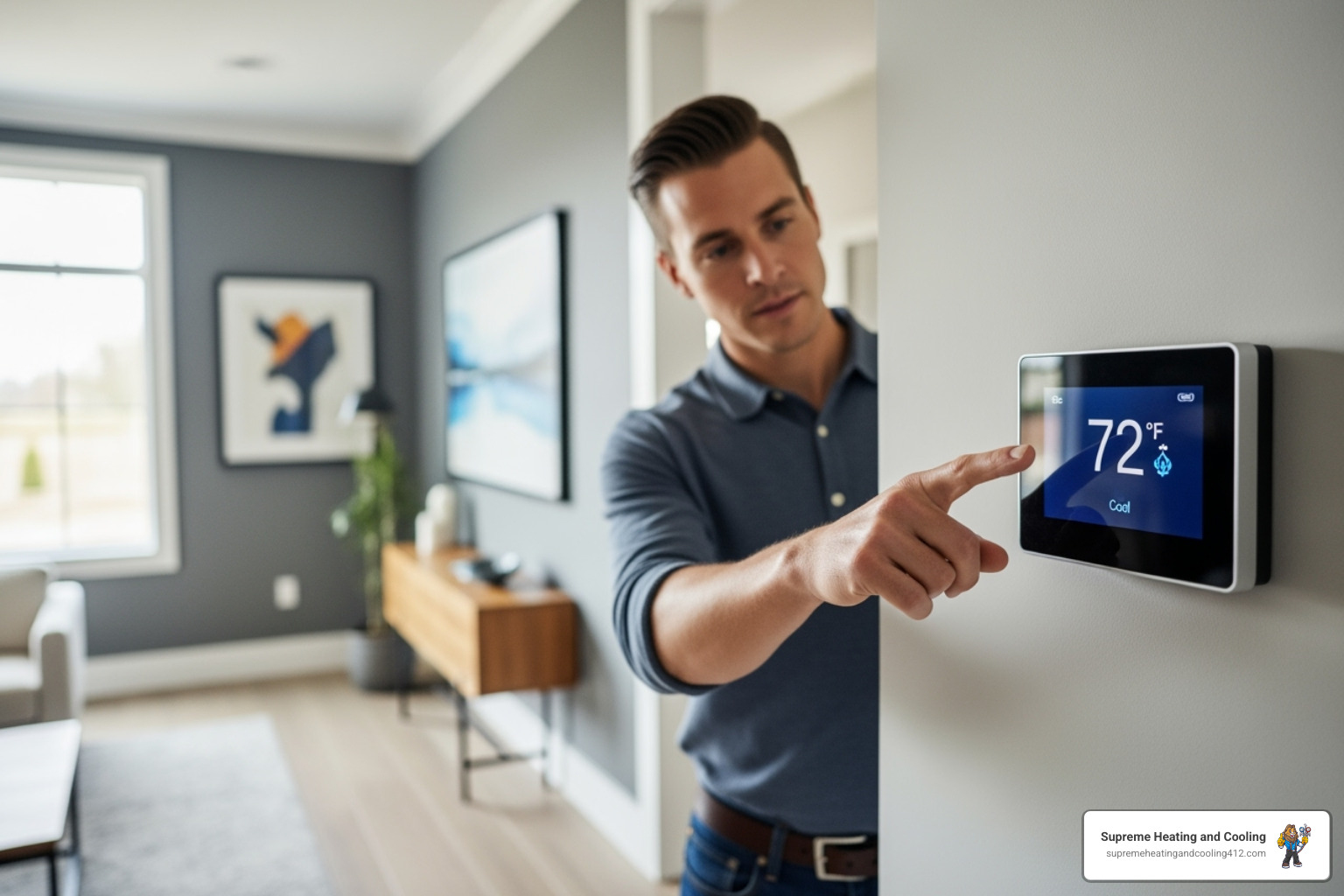 A homeowner checking the thermostat in their home. - 24 hour heating service in pittsburgh, pa