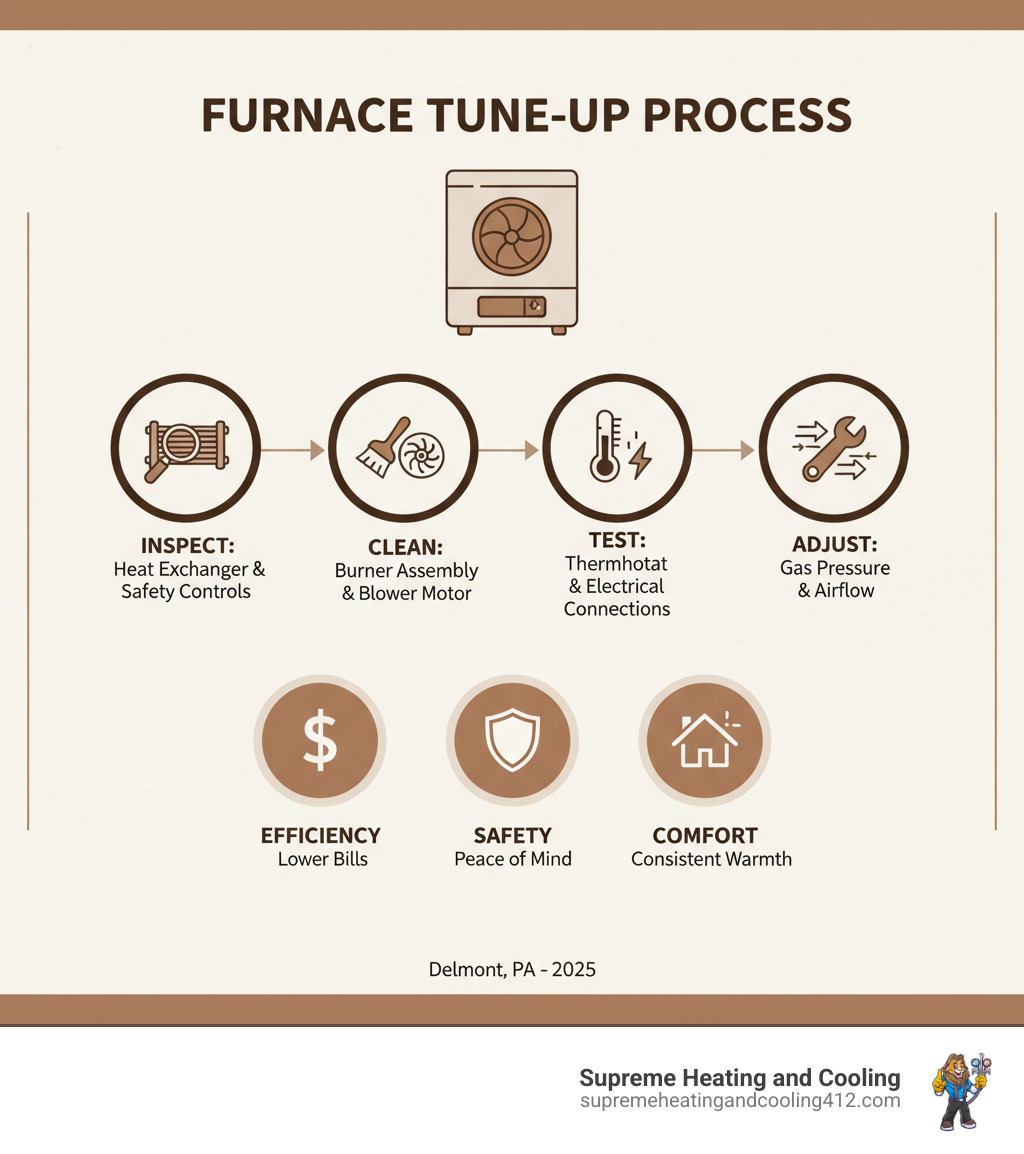 Infographic showing the complete furnace tune-up process: inspection of heat exchanger and safety controls, cleaning of burner assembly and blower motor, testing of thermostat and electrical connections, adjustment of gas pressure and airflow, with icons for efficiency (dollar sign), safety (shield), and comfort (home) as key benefits - furnace tune-up in delmont, pa infographic 