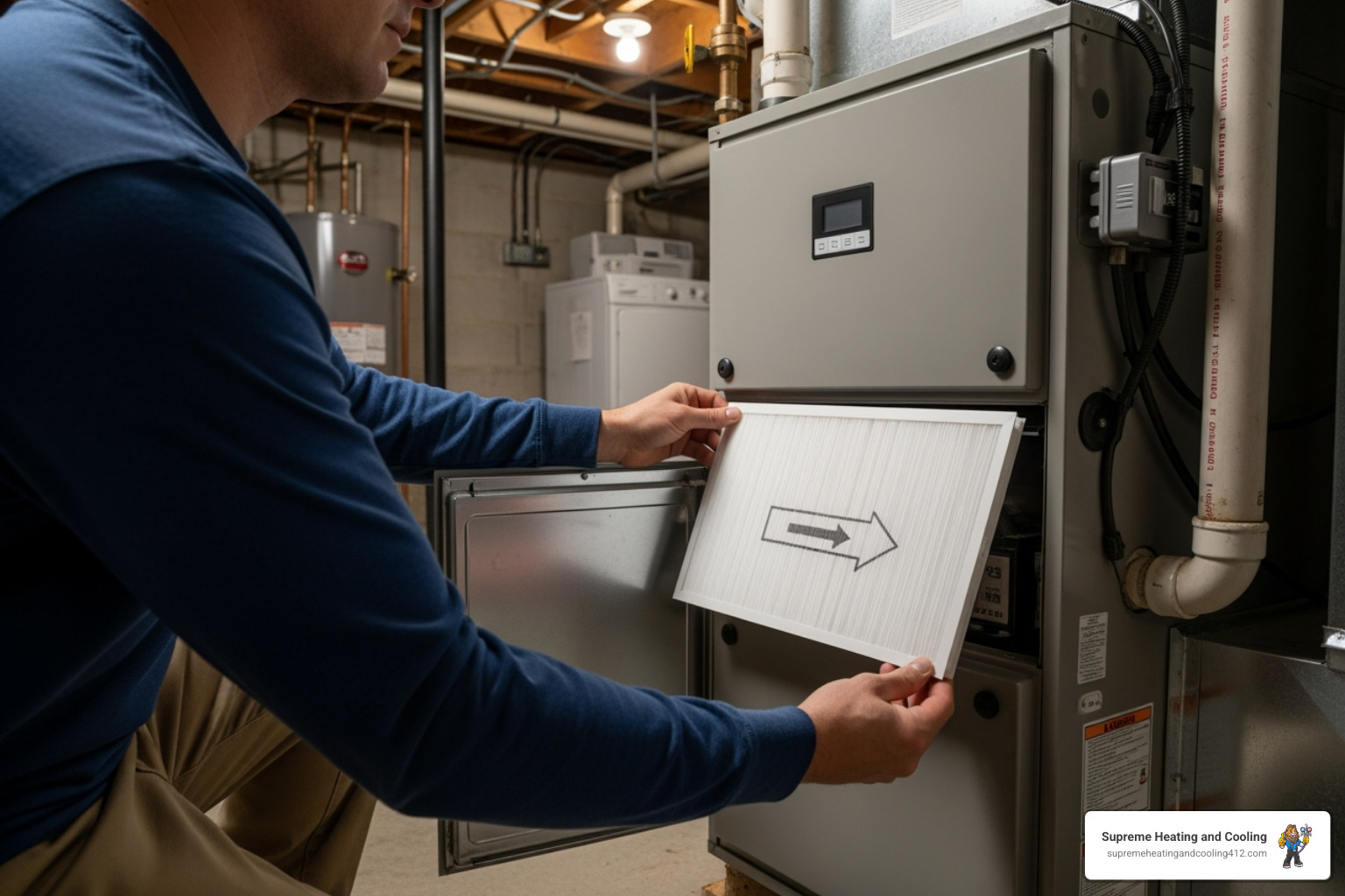 A homeowner changing a furnace filter - furnace tune-up in delmont, pa