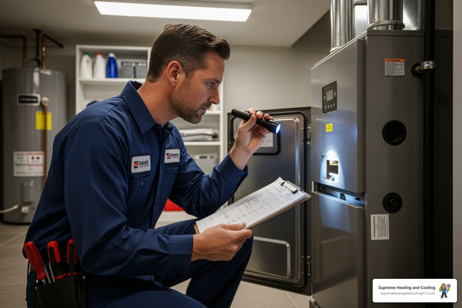 A technician carefully inspecting a furnace with a checklist - furnace tune-up in delmont, pa