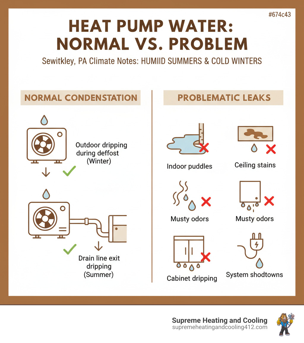 Infographic showing the difference between normal heat pump condensation (outdoor dripping during defrost, drain line exit dripping in summer) versus problematic water leaks (indoor puddles, ceiling stains, musty odors, cabinet dripping, system shutdowns), with visual indicators for each scenario and climate notes for Sewickley PA's humid summers and cold winters - heat pump leaking water in sewickley, pa infographic  Infographic showing the difference between normal heat pump condensation (outdoor dripping during defrost, drain line exit dripping in summer) versus problematic water leaks (indoor puddles, ceiling stains, musty odors, cabinet dripping, system shutdowns), with visual indicators for each scenario and climate notes for Sewickley PA's humid summers and cold winters - heat pump leaking water in sewickley, pa infographic