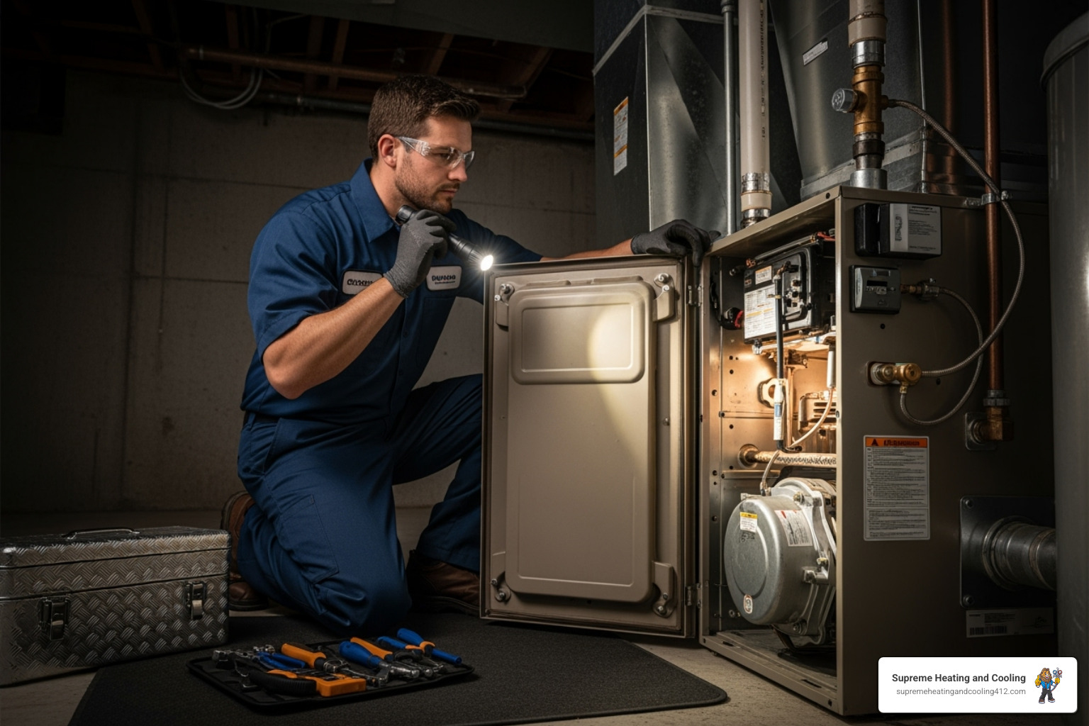 Professional technician carefully inspecting a furnace - certified heating technician in bethel park, pa