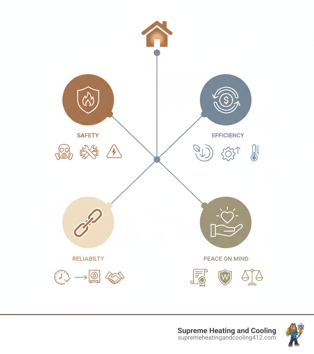 Infographic showing the key benefits of hiring a certified heating technician: Safety (carbon monoxide detection, gas line inspection, electrical safety checks), Efficiency (lower energy bills, optimal performance, proper system calibration), Reliability (fewer emergency breakdowns, extended equipment lifespan, quality repairs that last), and Peace of Mind (proper licensing and insurance, manufacturer warranty protection, professional accountability) - certified heating technician in bethel park, pa infographic 