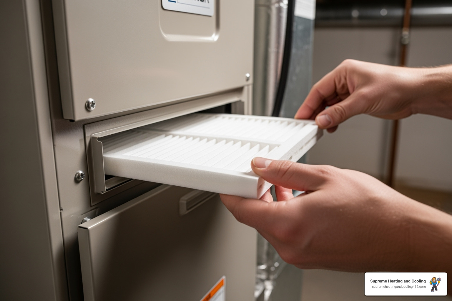 a homeowner easily sliding a new, clean filter into a furnace - furnace maintenance in churchill, pa