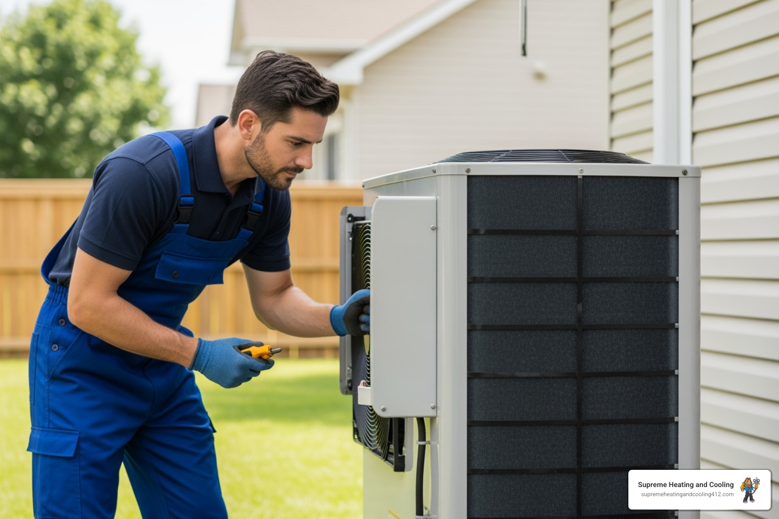 Technician professionally servicing an outdoor heat pump unit - certified heat pump technician in murrysville, pa