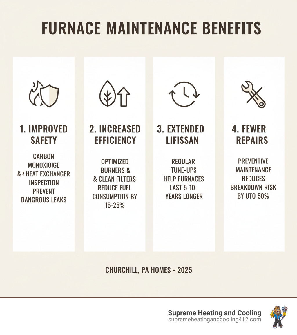 Infographic showing four key benefits of annual furnace maintenance: 1) Improved Safety - carbon monoxide testing and heat exchanger inspection prevent dangerous leaks, 2) Increased Efficiency - optimized burners and clean filters reduce fuel consumption by 15-25%, 3) Extended Lifespan - regular tune-ups help furnaces last 5-10 years longer, 4) Fewer Repairs - preventive maintenance reduces breakdown risk by up to 50% - furnace maintenance in churchill, pa infographic 