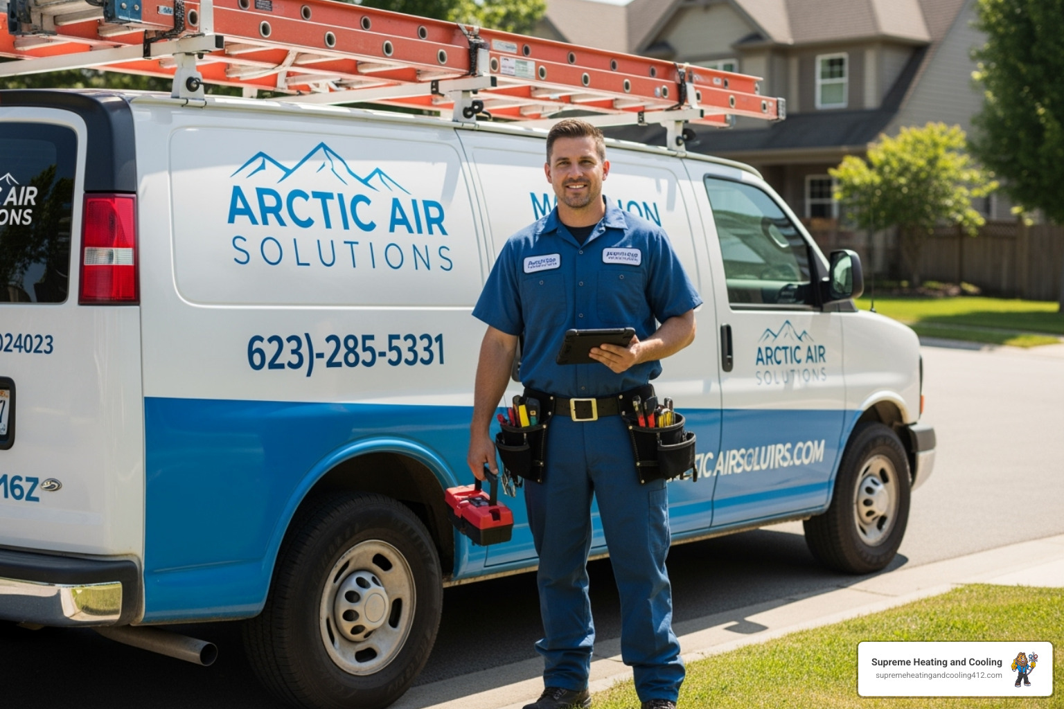 A technician wearing a uniform with visible company logos and certifications, standing next to a service van that also displays company branding and a list of services. - certified heat pump technician in penn hills, pa A technician wearing a uniform with visible company logos and certifications, standing next to a service van that also displays company branding and a list of services. - certified heat pump technician in penn hills, pa