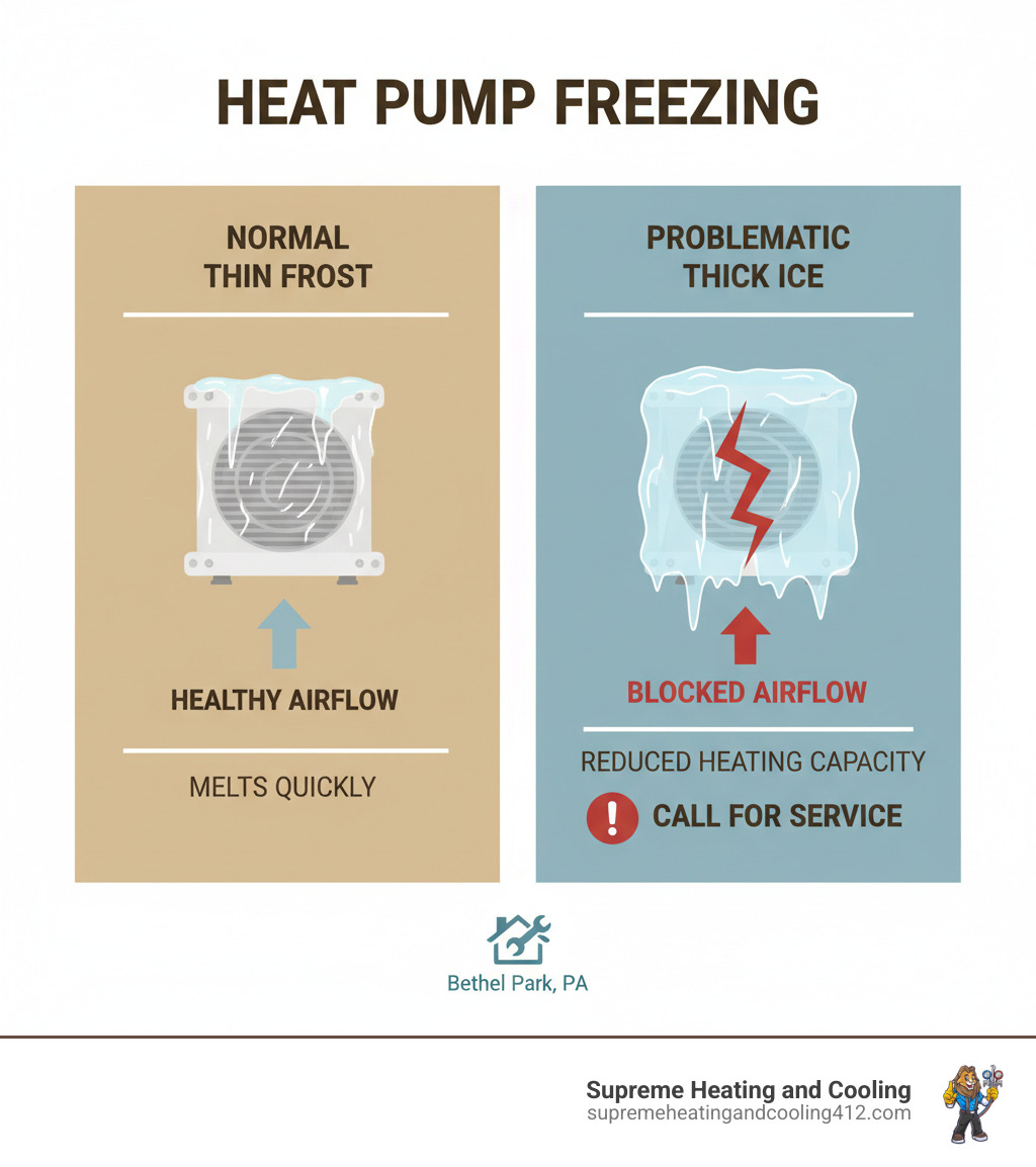 infographic showing the difference between normal thin frost on heat pump coils versus problematic thick ice buildup, with labels indicating airflow blockage, reduced heating capacity, and when to call for professional service - heat pump frozen in bethel park, pa infographic  infographic showing the difference between normal thin frost on heat pump coils versus problematic thick ice buildup, with labels indicating airflow blockage, reduced heating capacity, and when to call for professional service - heat pump frozen in bethel park, pa infographic