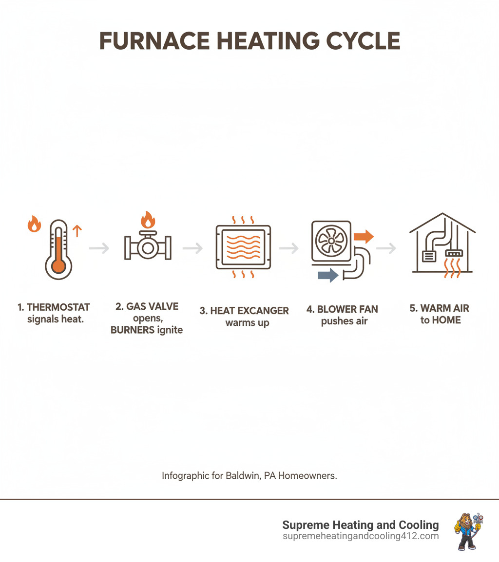 Infographic showing the basic furnace heating cycle: thermostat signals heat needed, gas valve opens, burners ignite and heat exchanger warms up, blower fan pushes air over heat exchanger, warm air flows through ducts to vents throughout home - heating blowing cold air in baldwin, pa infographic 