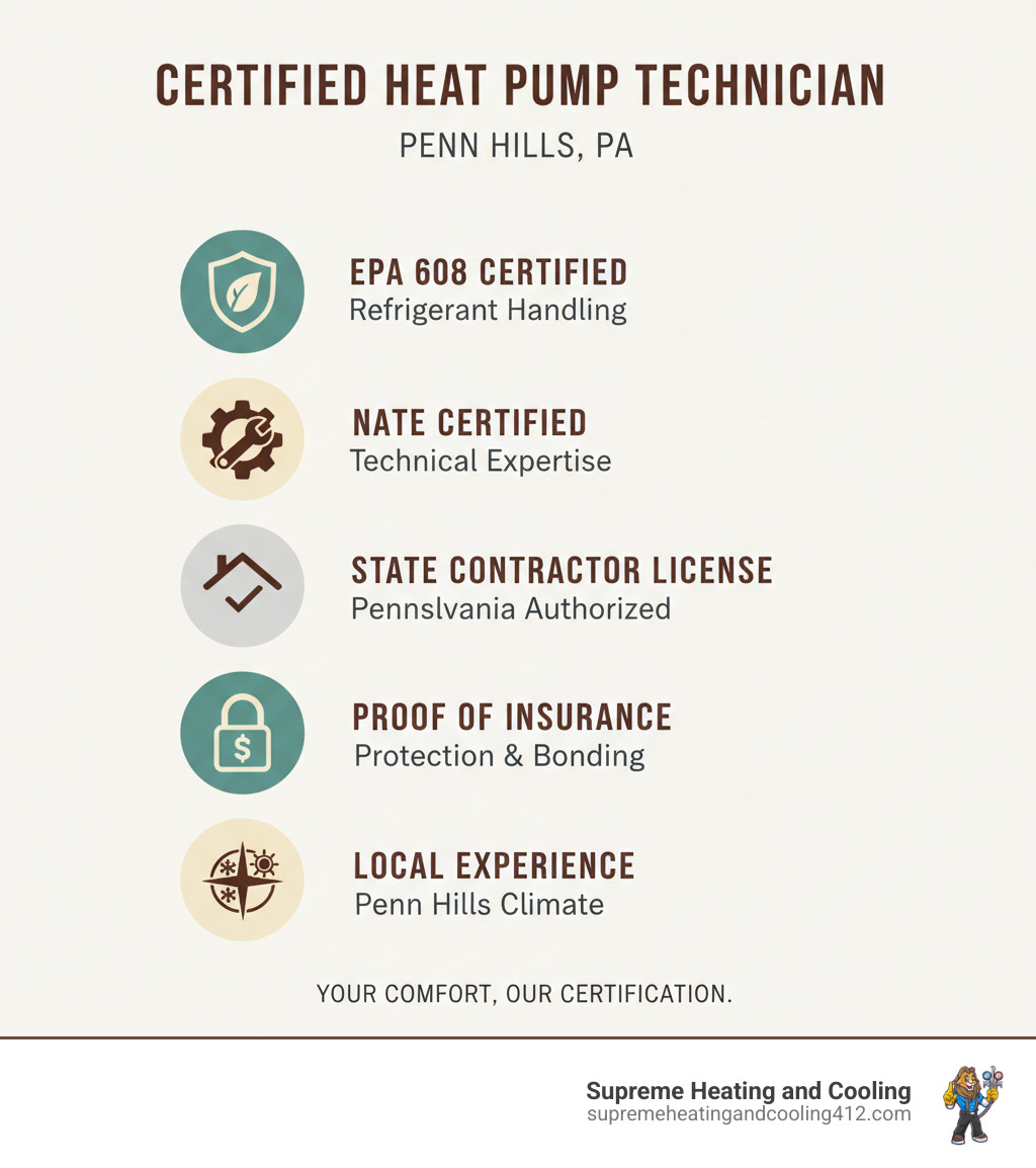 Infographic showing the key certifications every heat pump technician should have, including EPA 608 for refrigerant handling, NATE certification for technical expertise, state contractor licensing, proof of insurance, and local experience with Penn Hills climate conditions - certified heat pump technician in penn hills, pa infographic  Infographic showing the key certifications every heat pump technician should have, including EPA 608 for refrigerant handling, NATE certification for technical expertise, state contractor licensing, proof of insurance, and local experience with Penn Hills climate conditions - certified heat pump technician in penn hills, pa infographic
