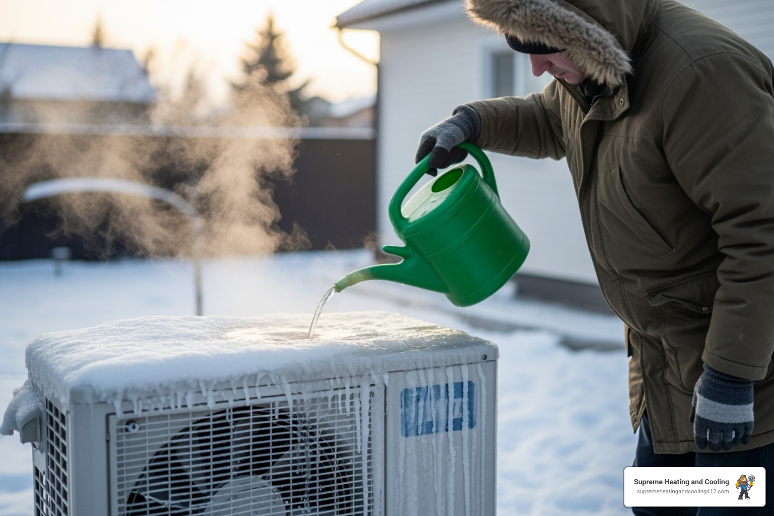 A person gently pouring warm water from a watering can onto a frozen heat pump outdoor unit to melt the ice. - heat pump frozen in bethel park, pa A person gently pouring warm water from a watering can onto a frozen heat pump outdoor unit to melt the ice. - heat pump frozen in bethel park, pa